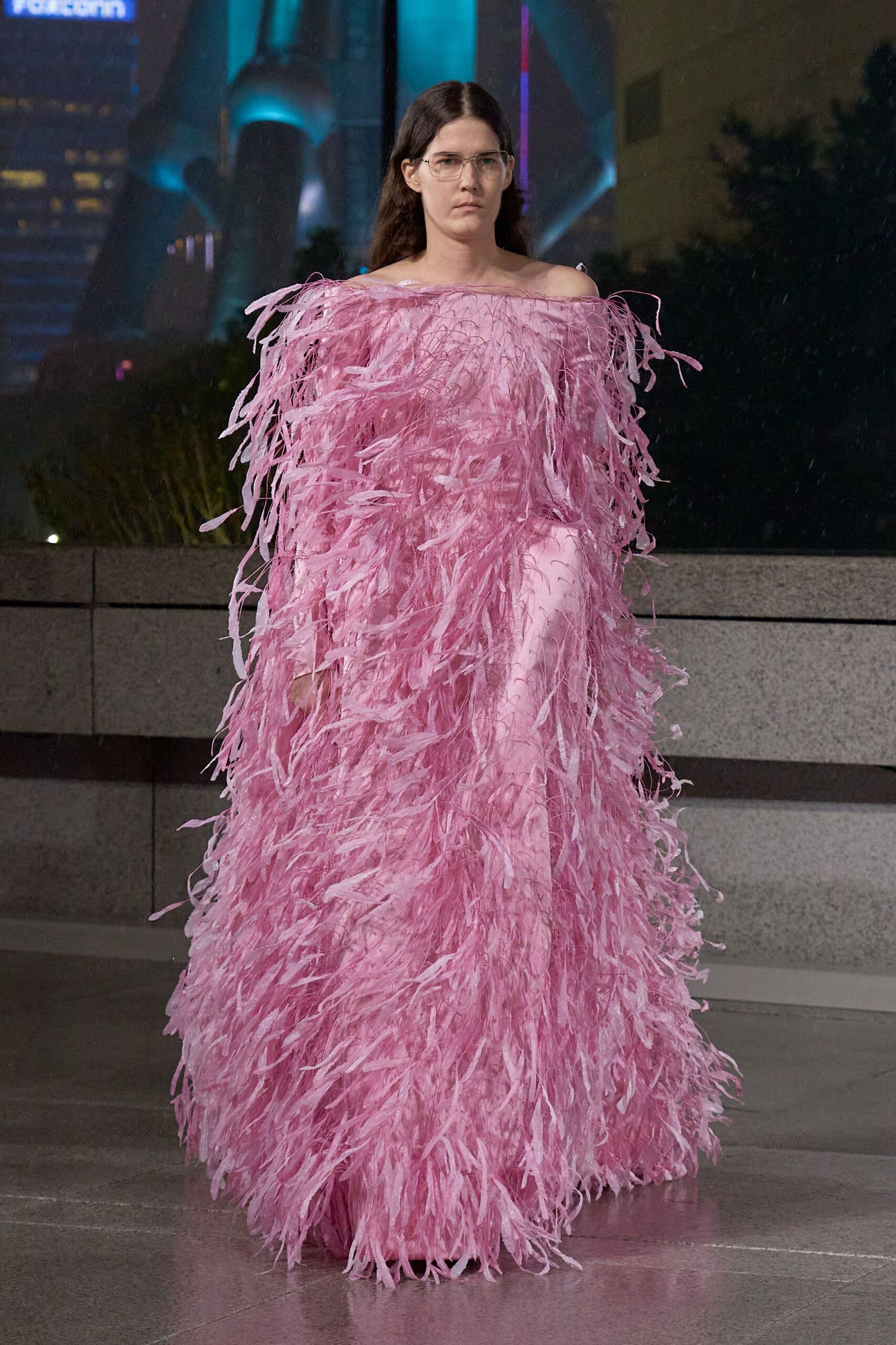 pink fringed off-shoulder gown