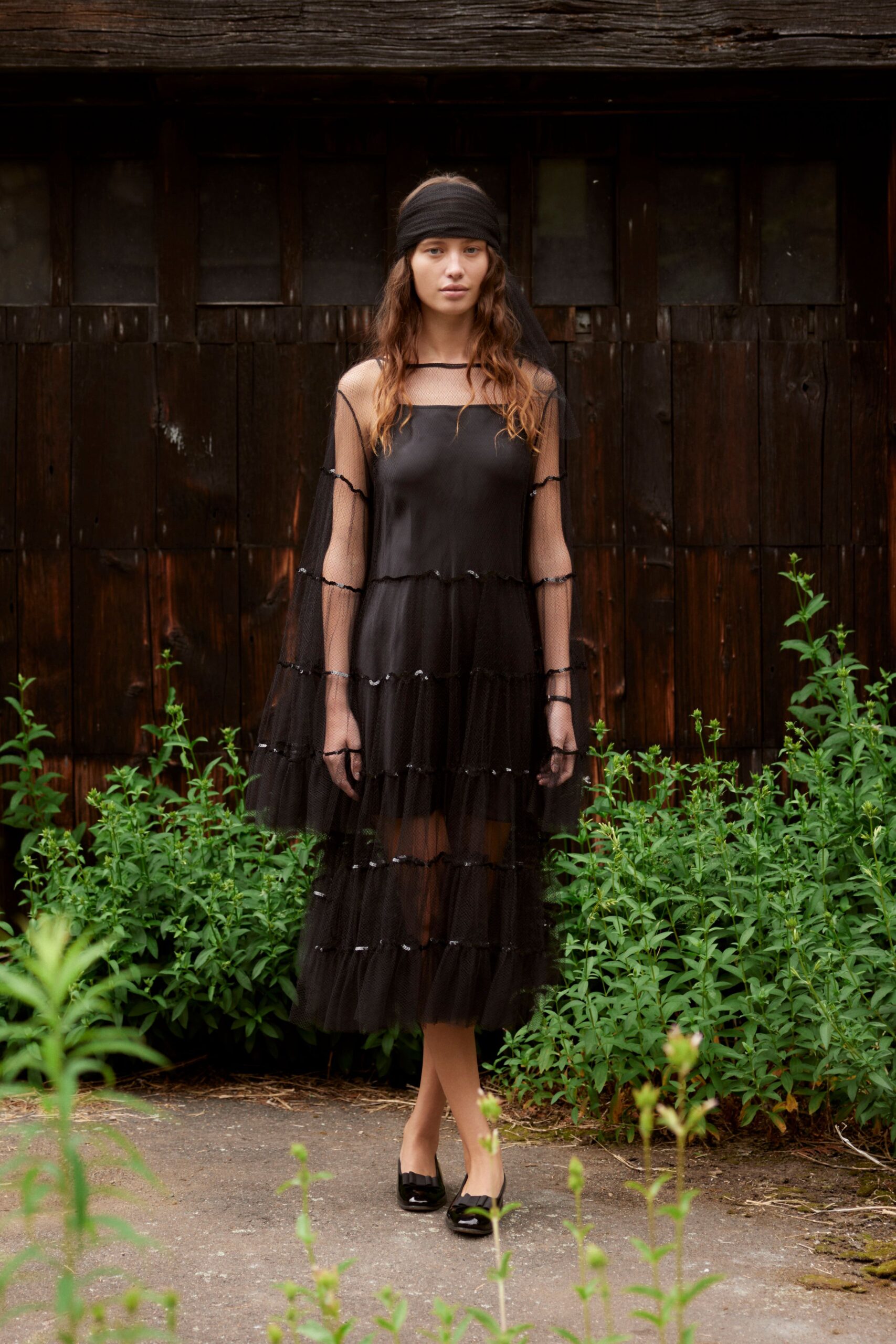 black tulle long-sleeve high-neck tiered ruffled maxi-dress