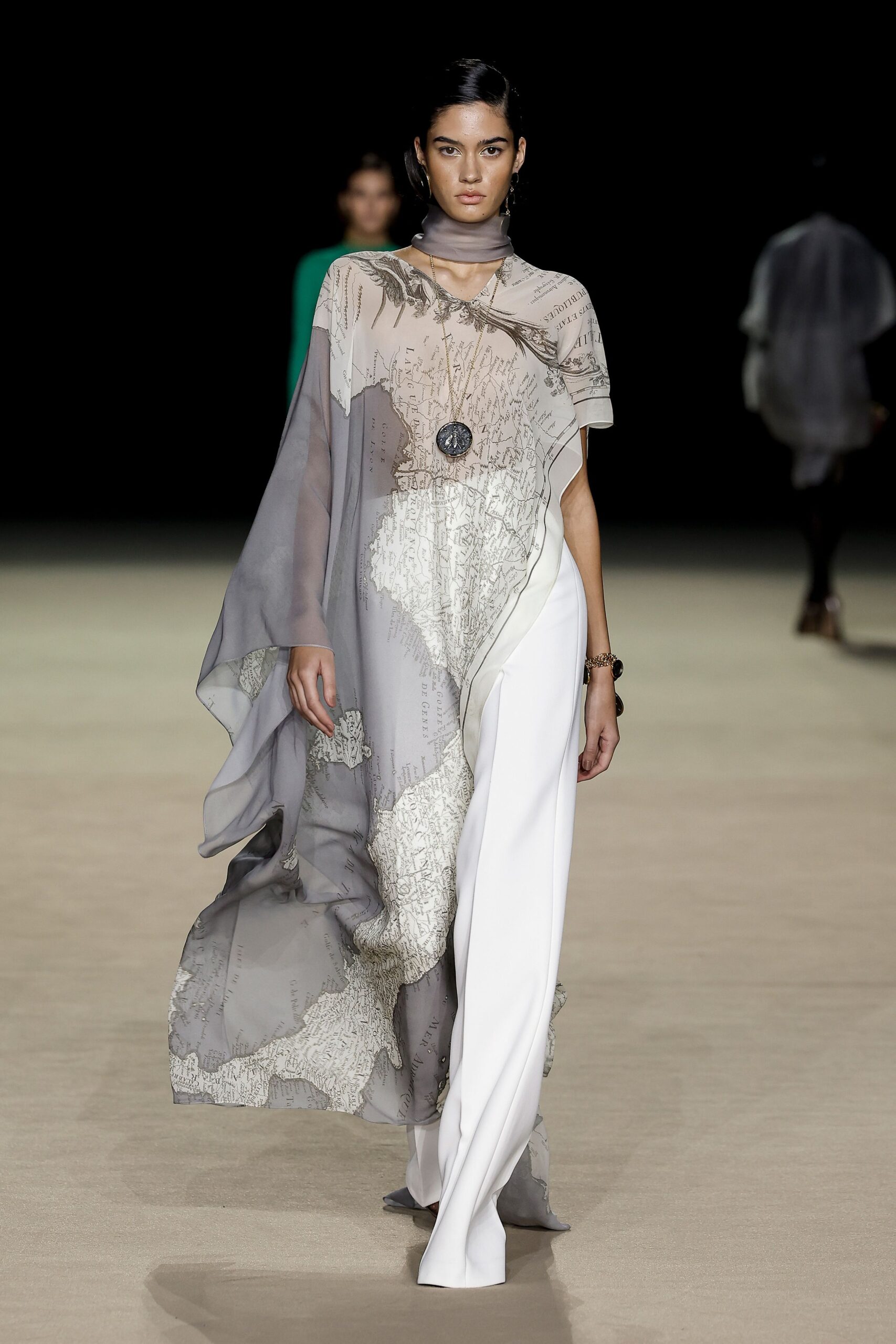 gray chiffon sleeveless relaxed layered printed flowing cape
