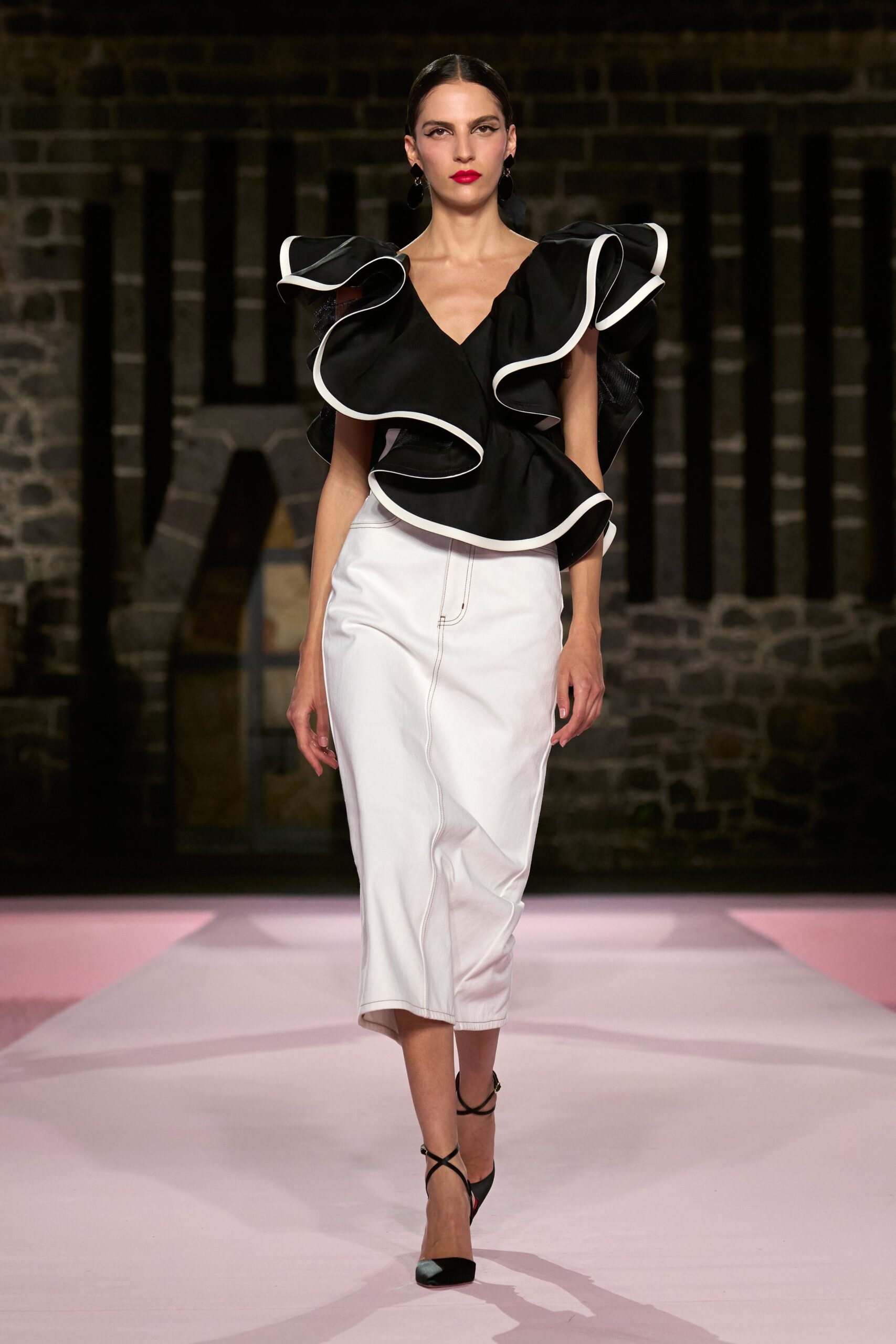 black and white ruffled top with midi skirt