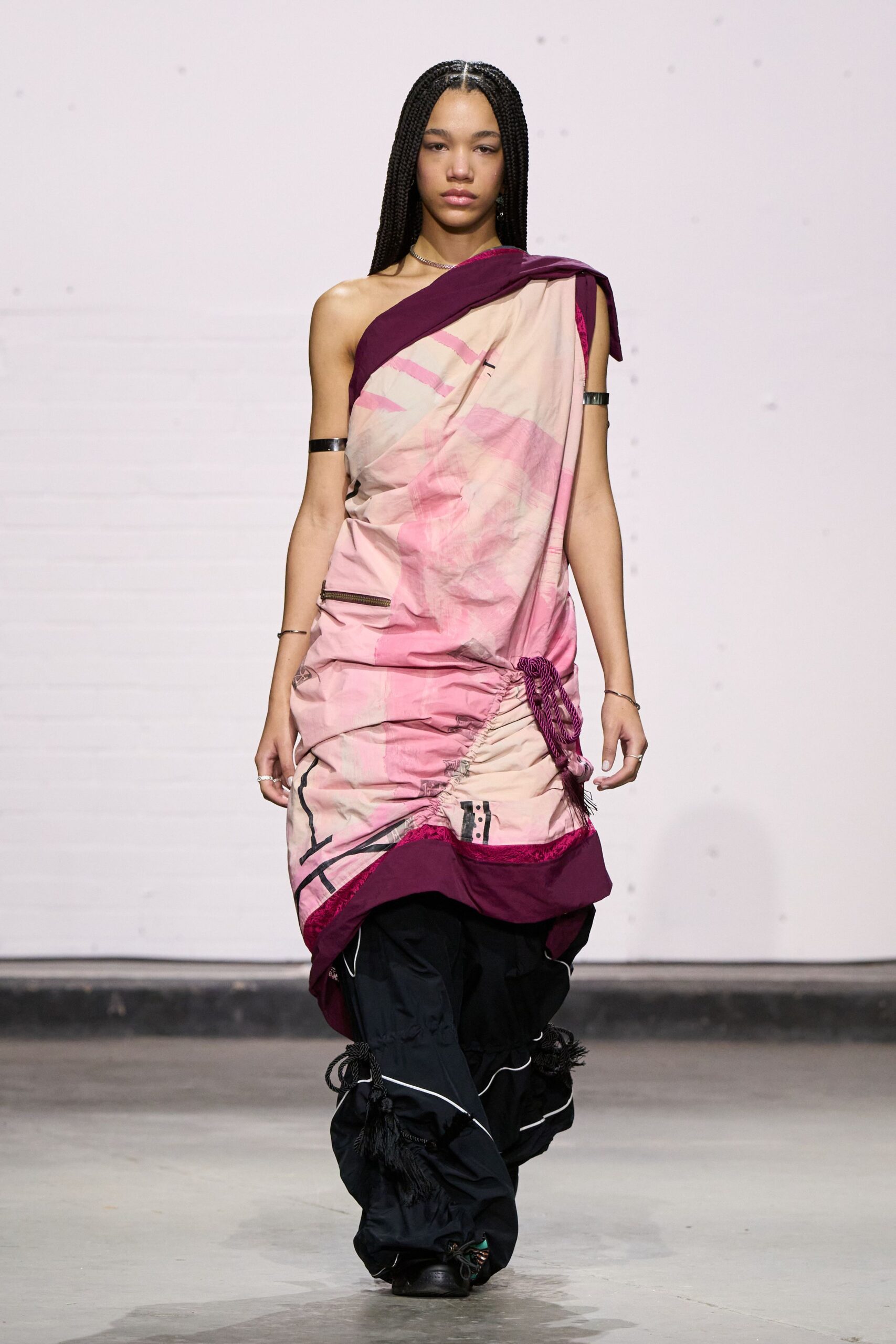 pink maroon asymmetric dress with cargo pants