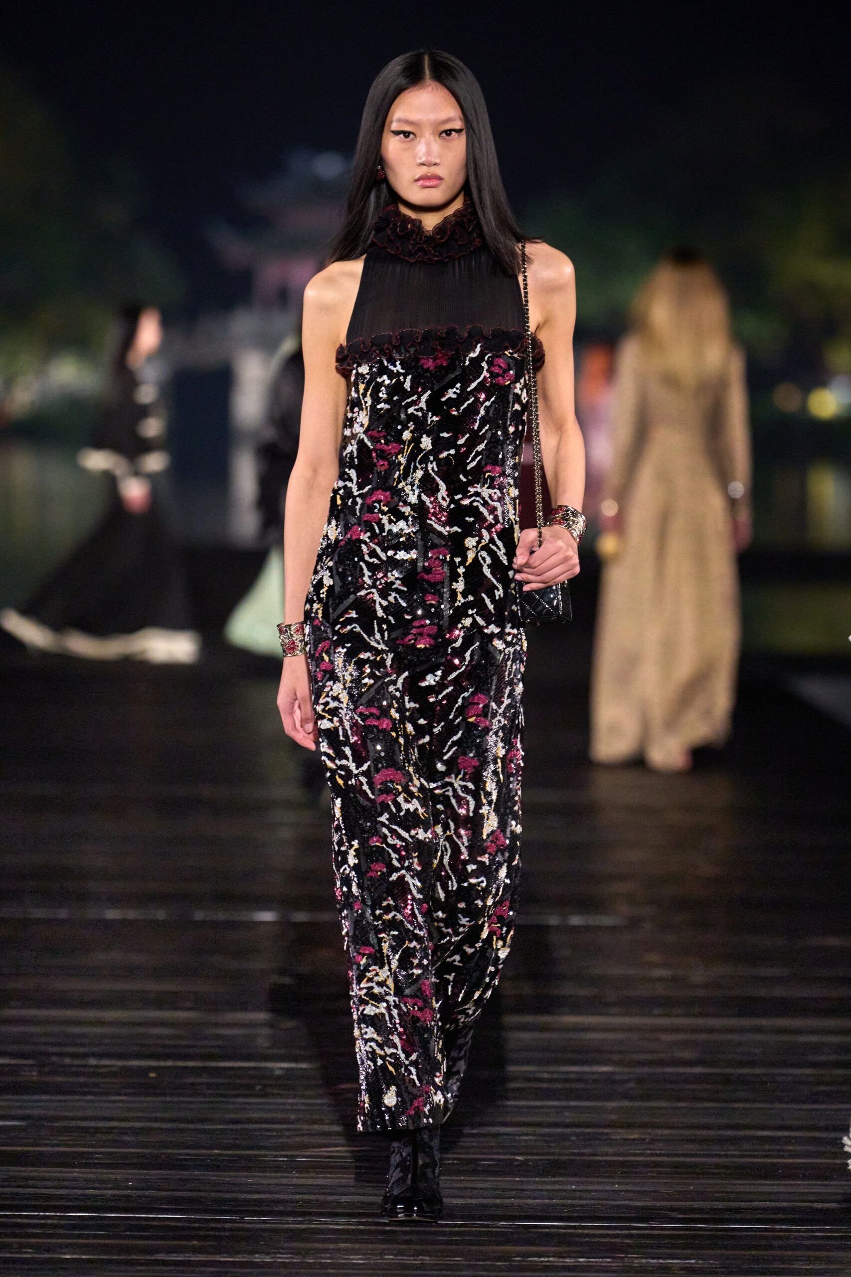 black floral embroidered maxi dress with boots