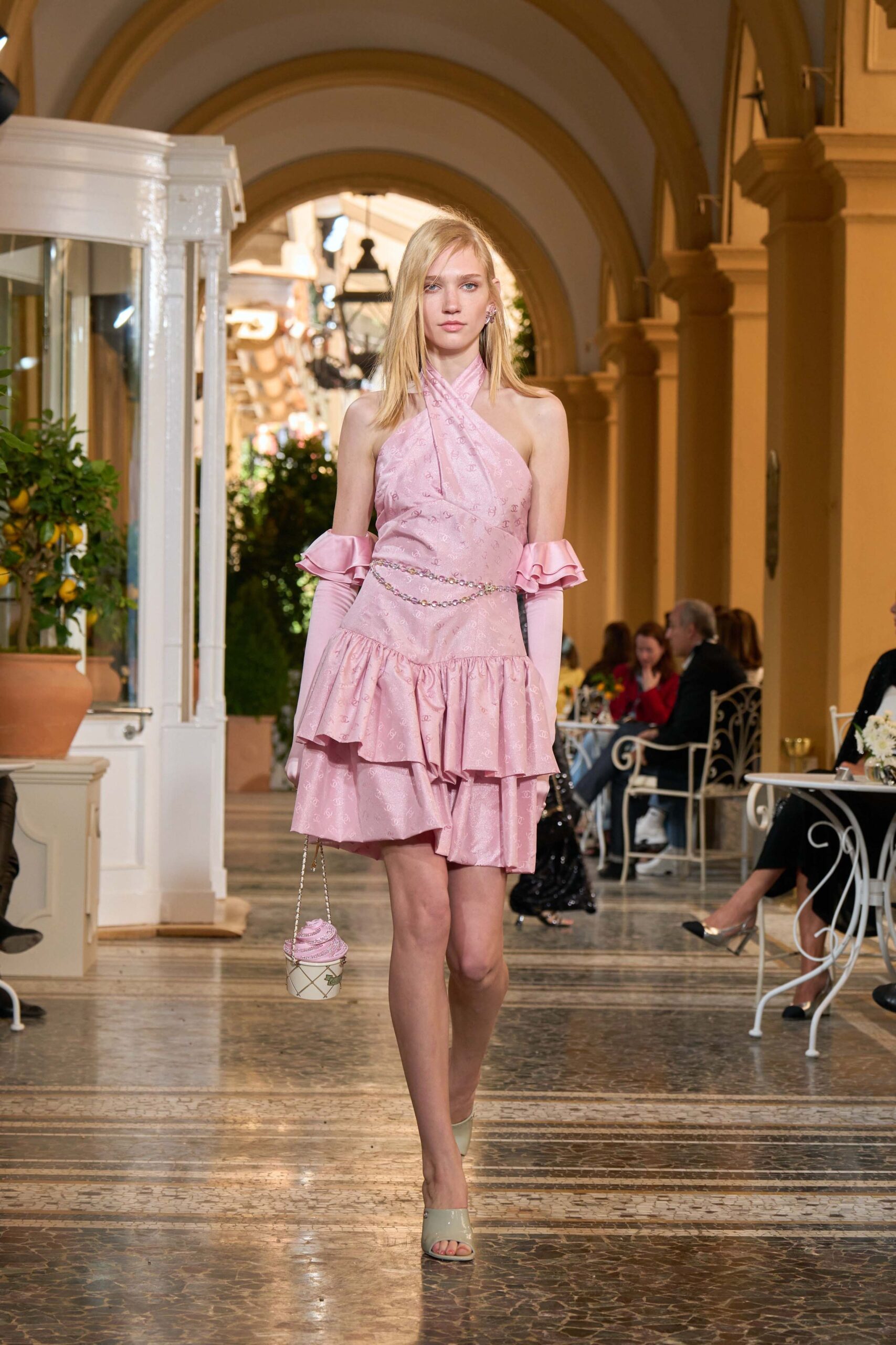 pink silk halter sleeveless fitted layered ruffled dress