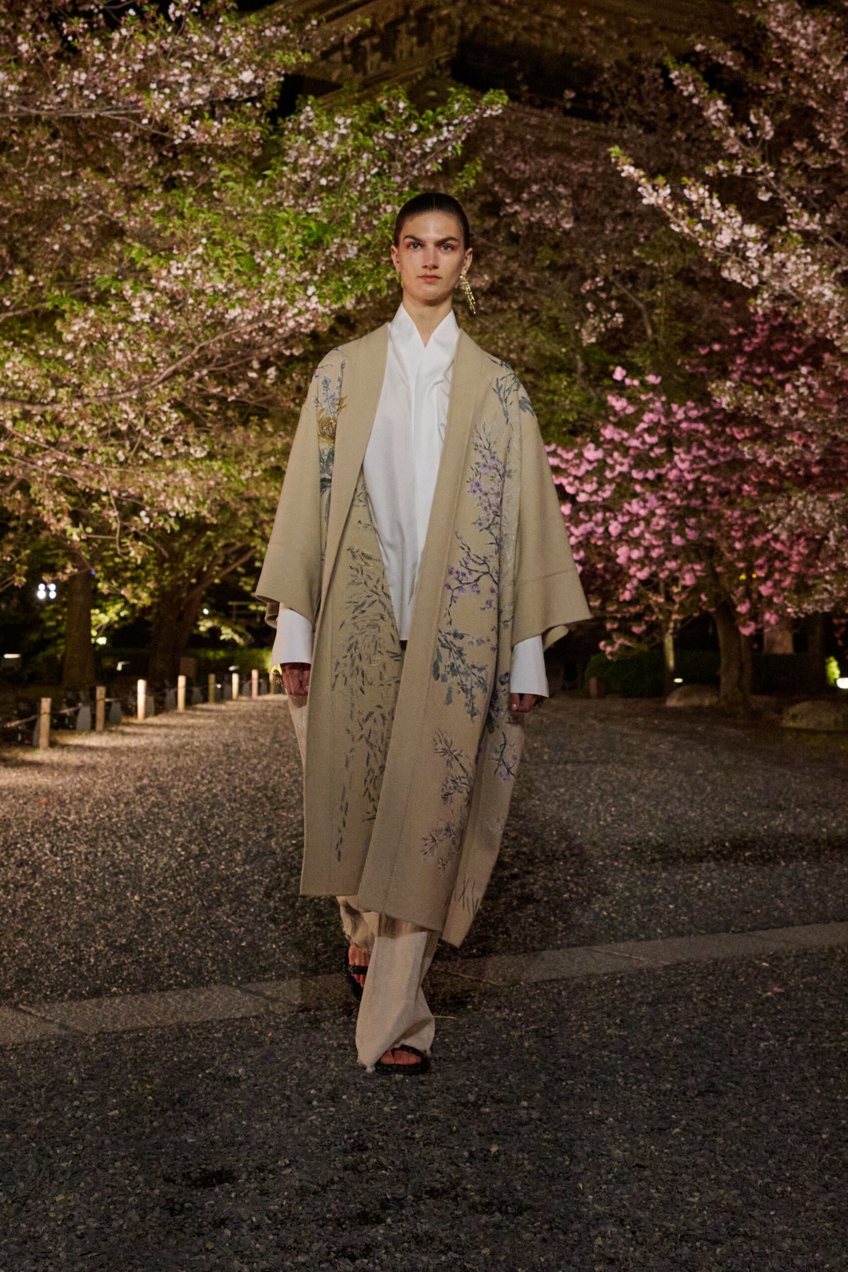 beige silk long-sleeve collared relaxed embroidered coat