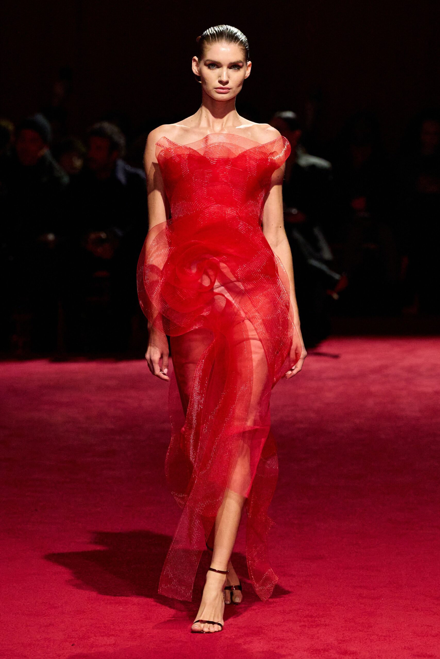 red silk sleeveless off-shoulder fitted draped layered gown