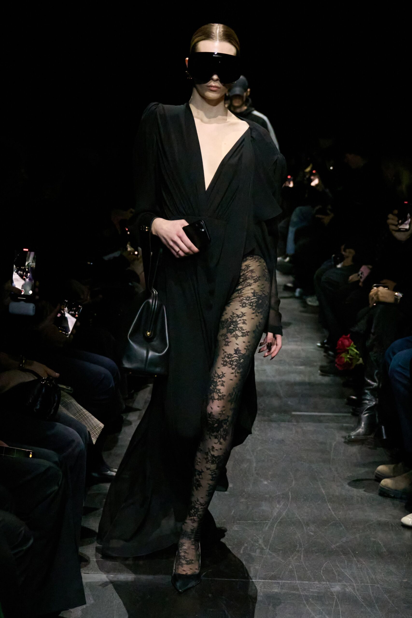 black silk gown with lace leggings