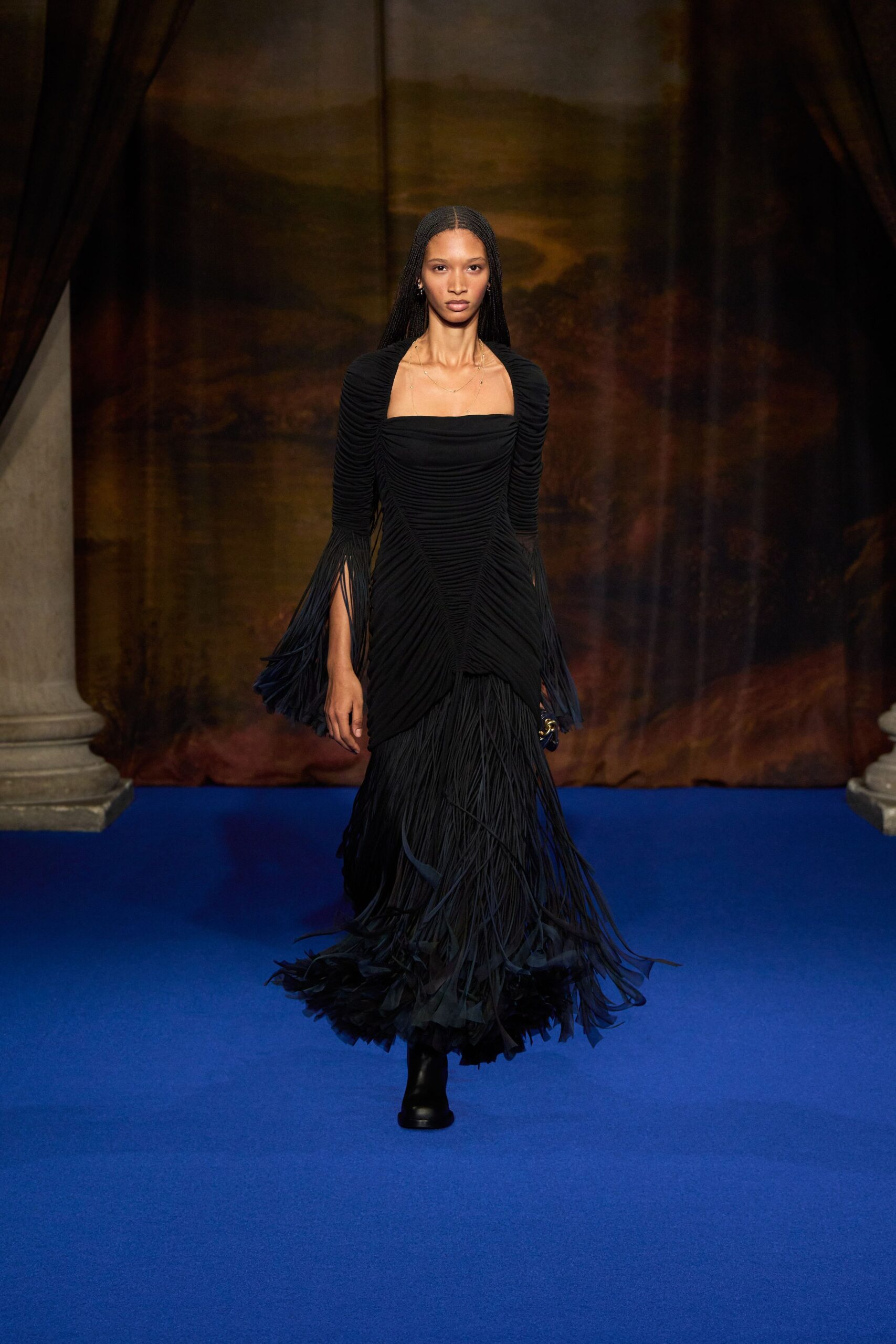 black pleated silk gown with boots