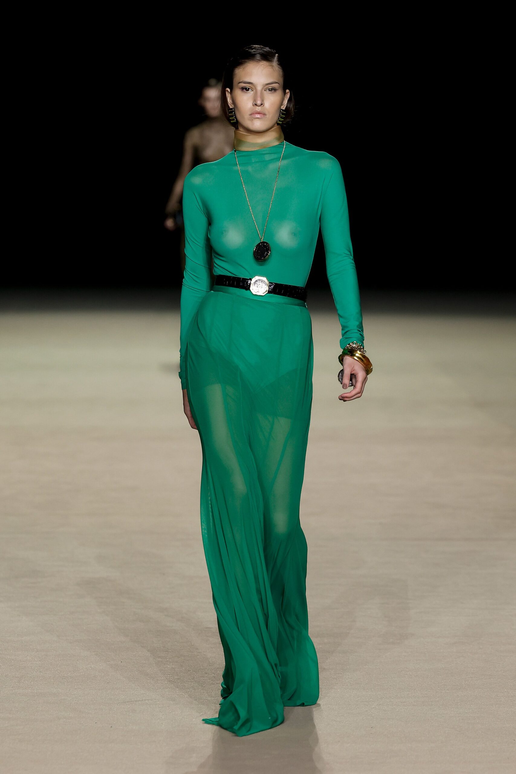 green silk long-sleeve high-neck fitted draped gown
