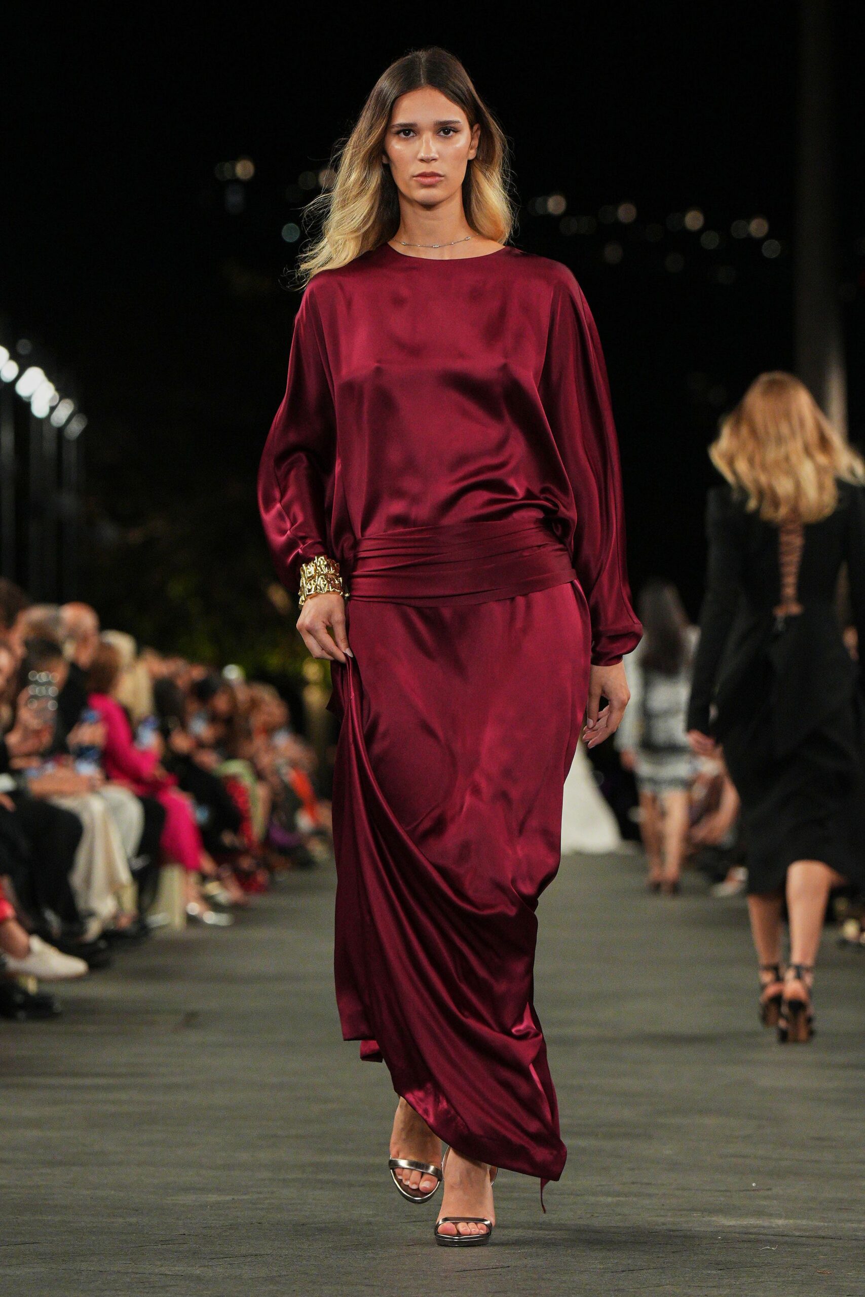 maroon satin maxi dress