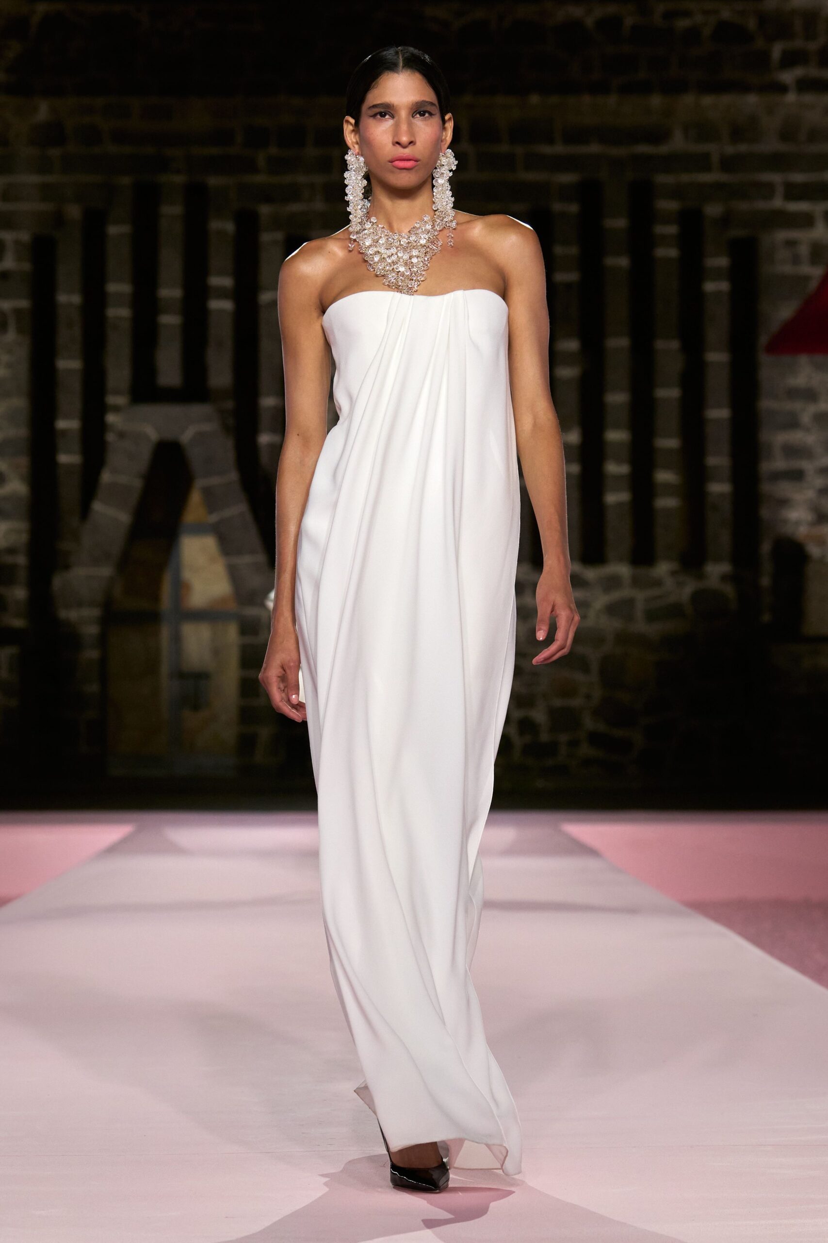 white silk sleeveless strapless fitted draped maxi gown