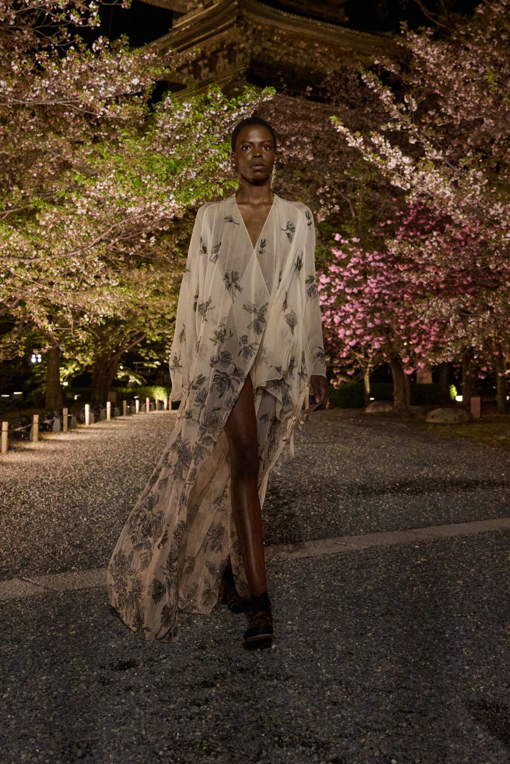 beige silk long-sleeve v-neck fitted floral draped gown