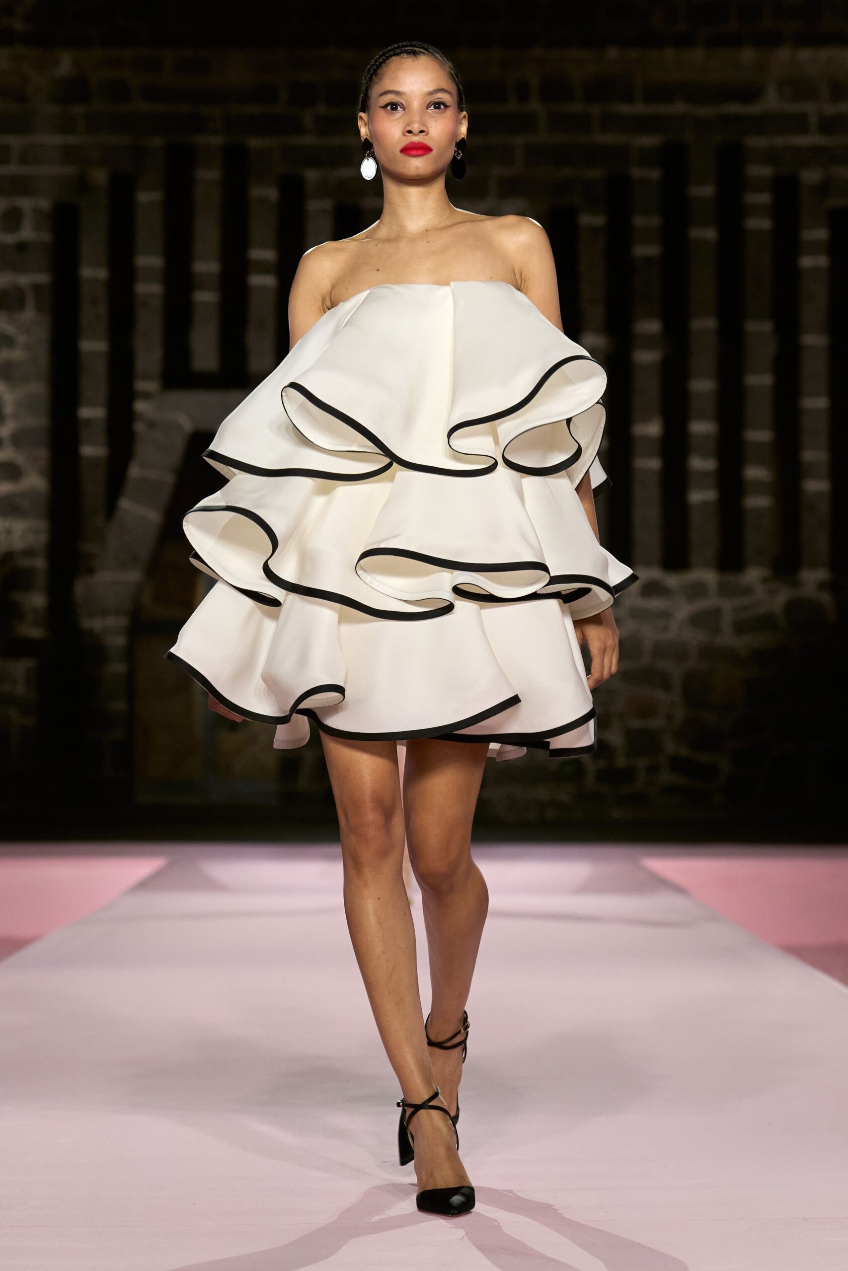 white silk strapless fitted ruffled layered mini dress