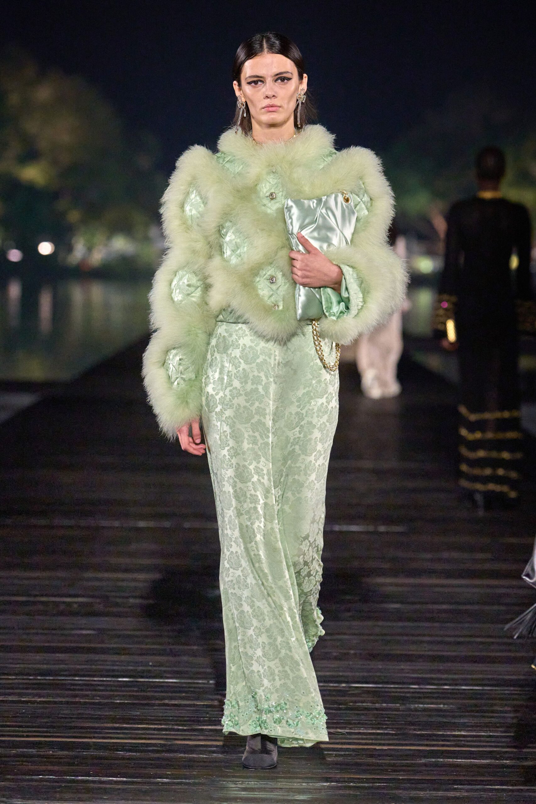 green floral gown with fur coat