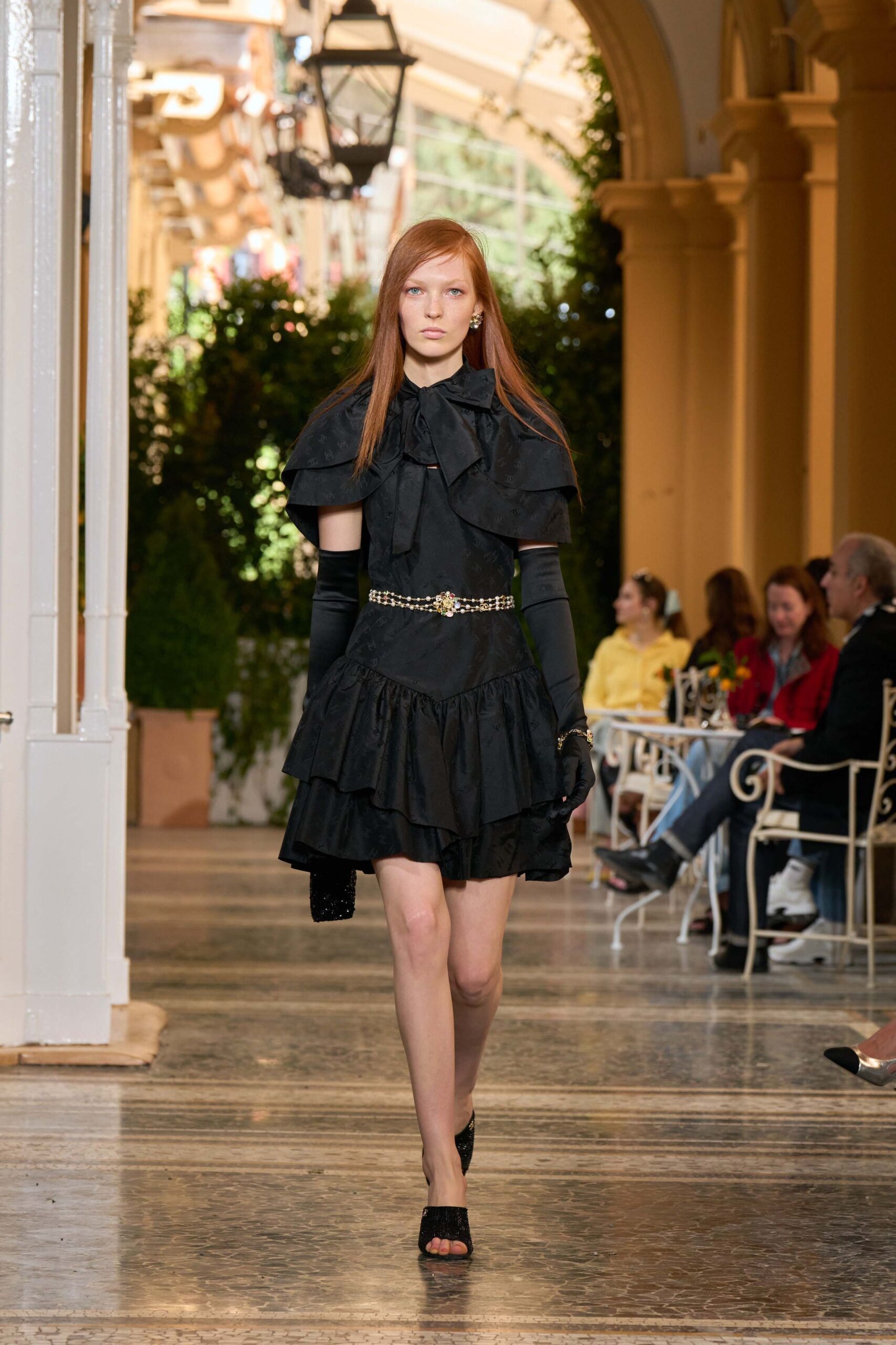 black silk short-sleeve high-neck fitted layered ruffled dress