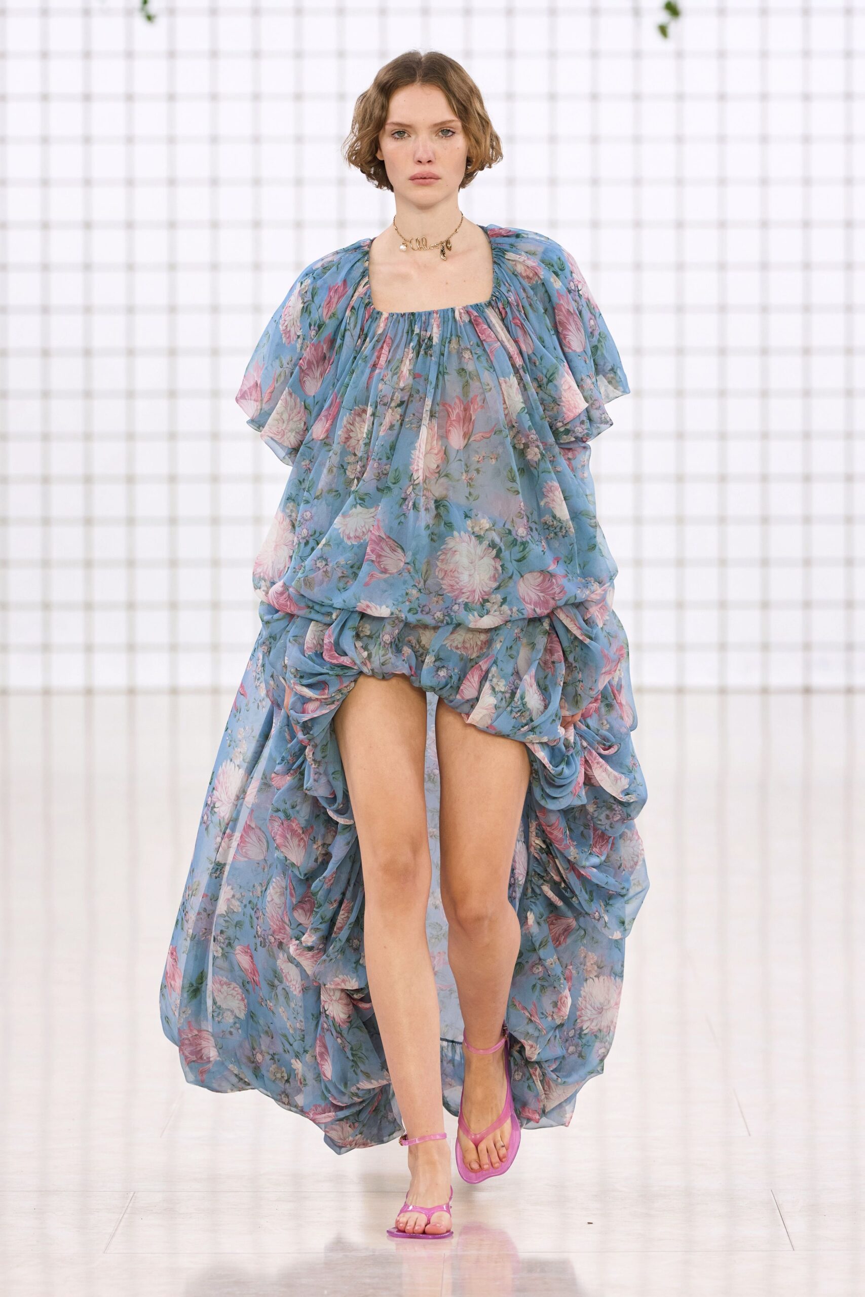 blue chiffon sleeveless square-neck relaxed flared tiered dress