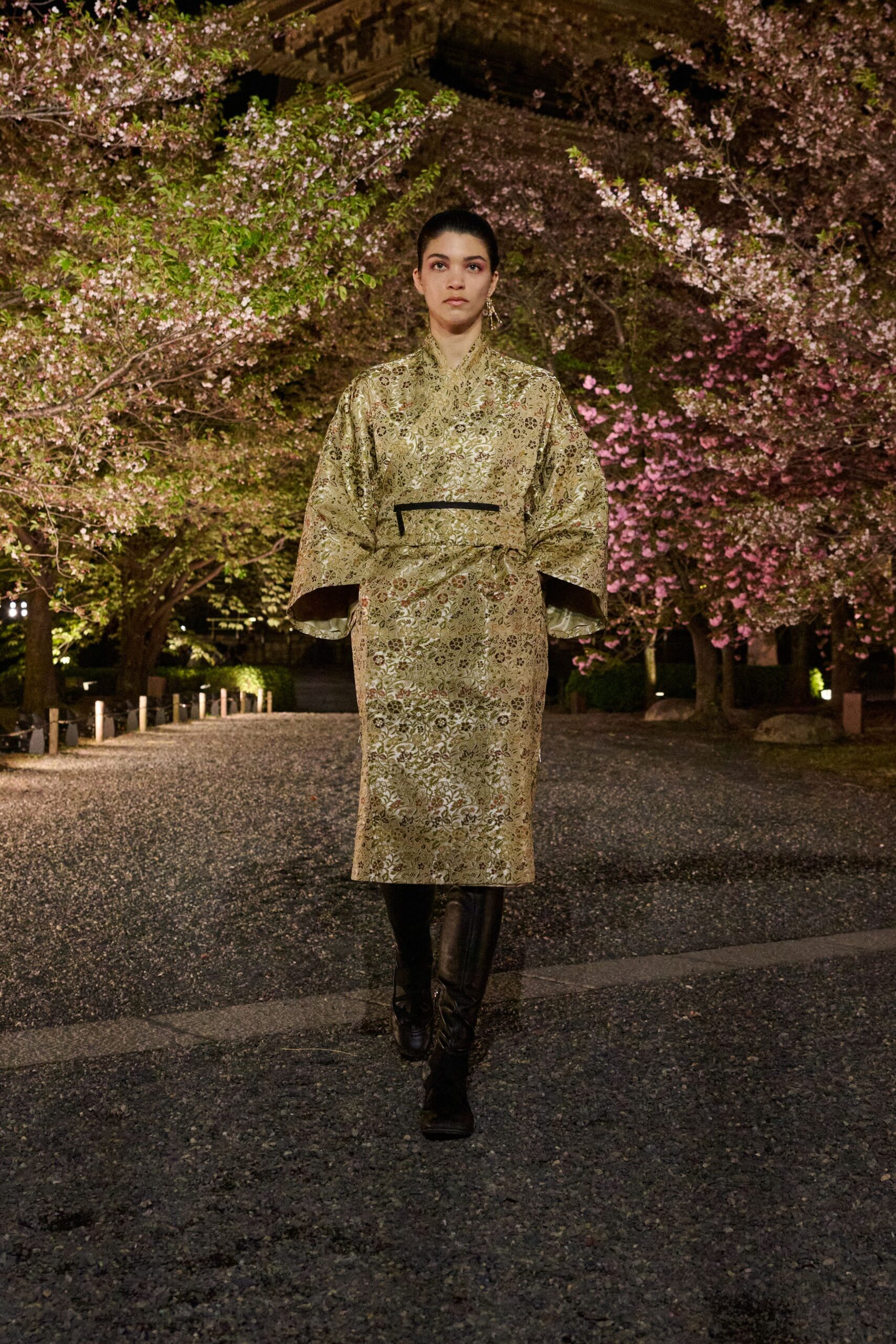 gold silk long-sleeve collared relaxed embroidered midi dress