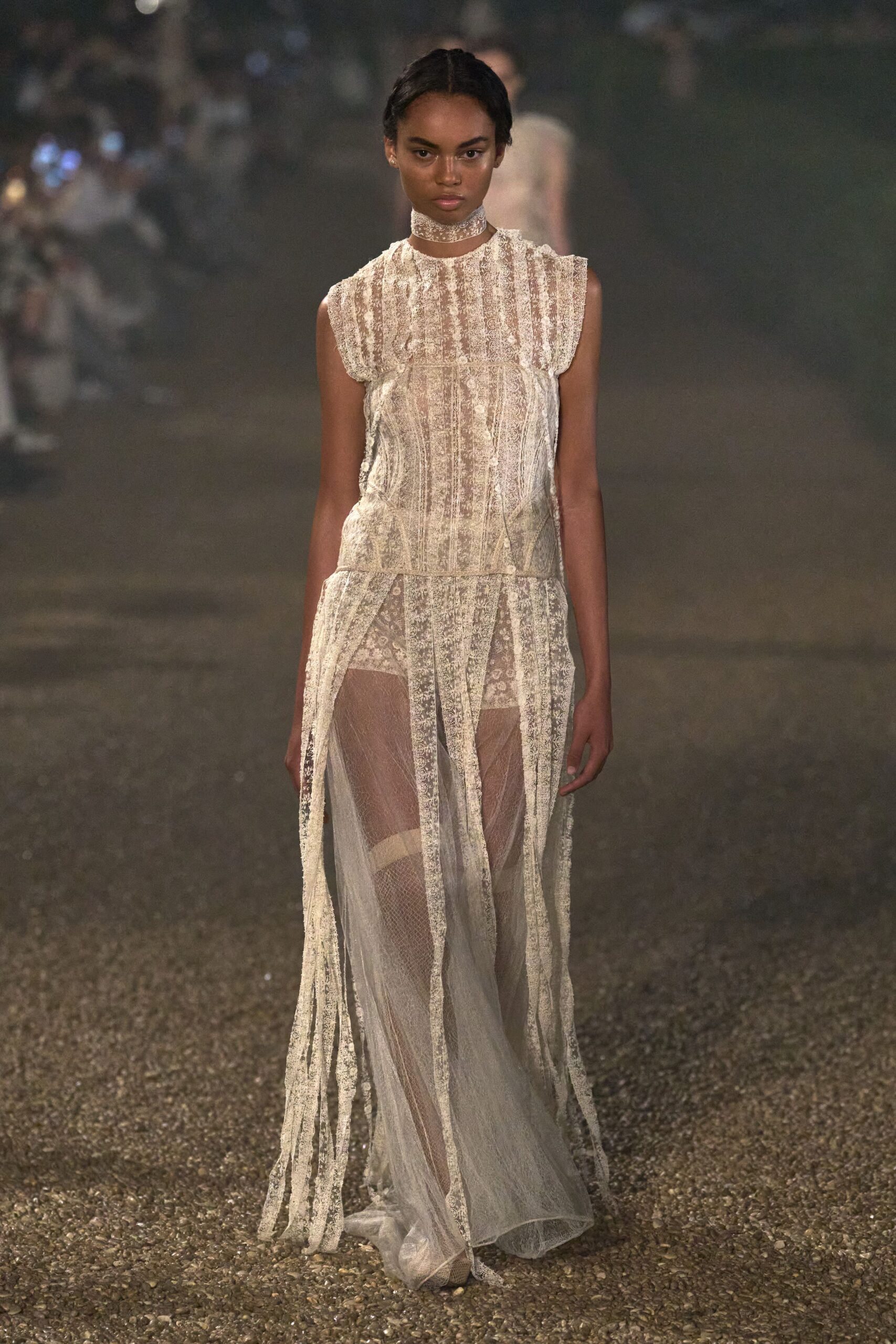 white lace sleeveless gown