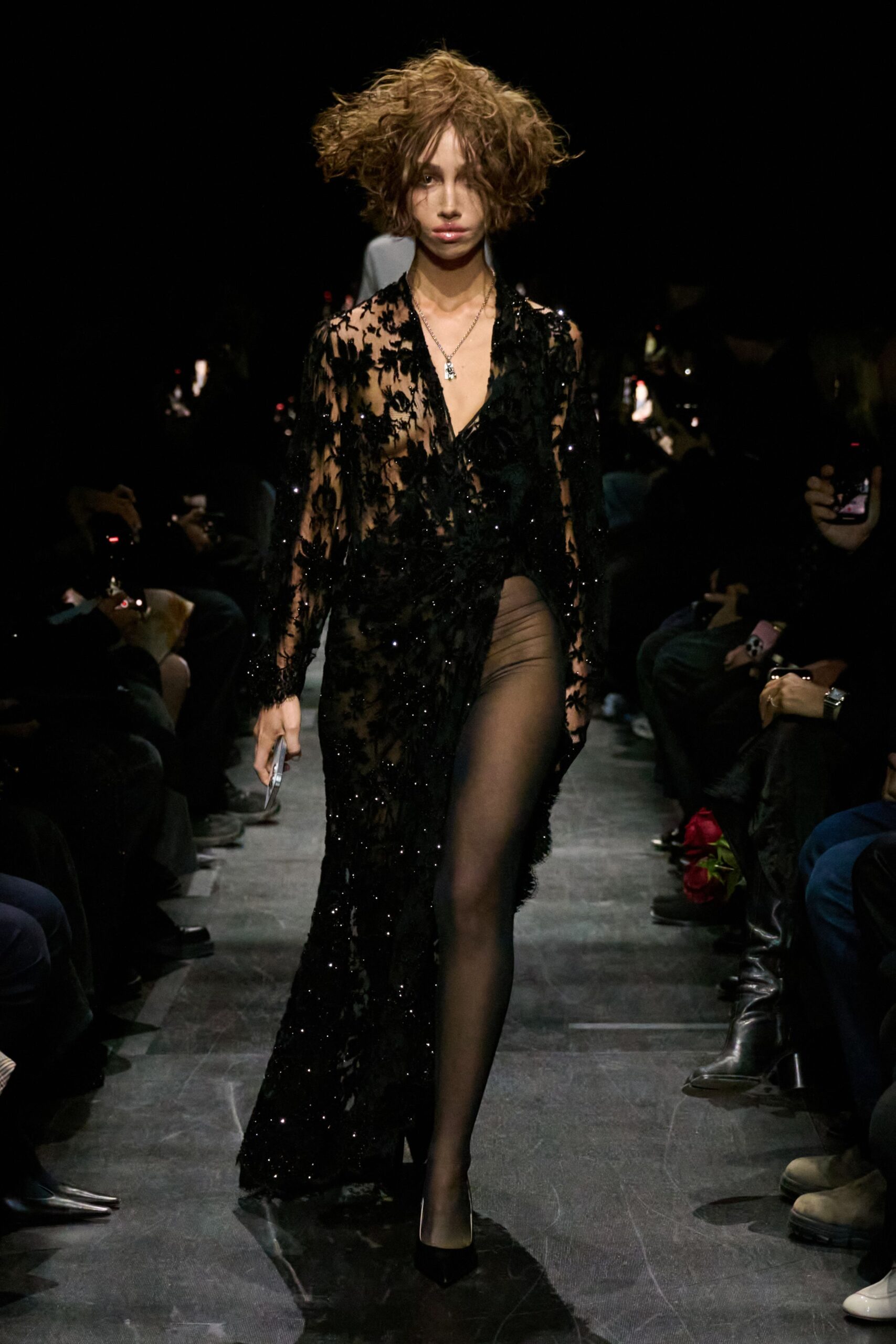 black sequin long-sleeve gown
