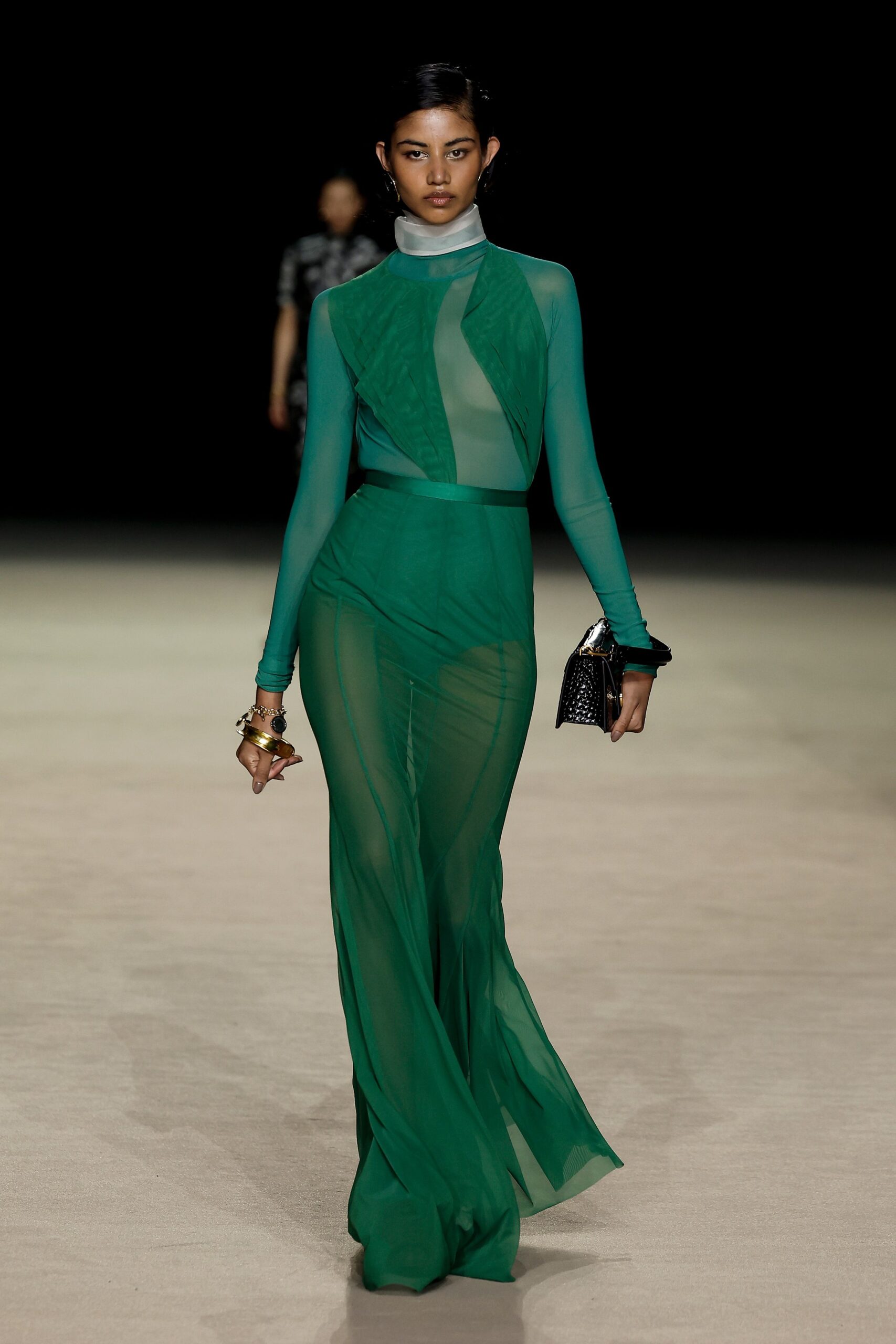 green chiffon long-sleeve high-neck fitted draped gown