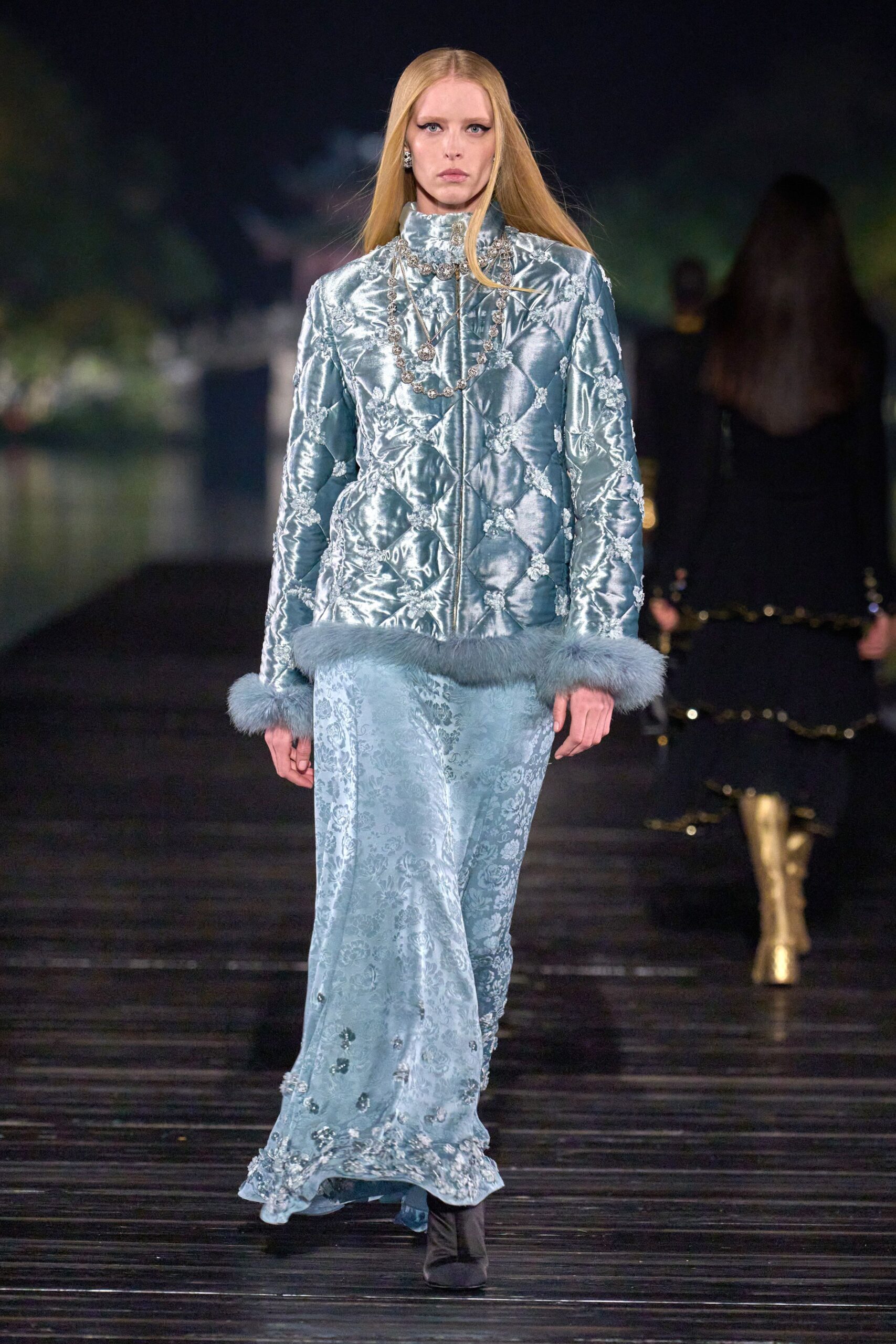 blue silk quilted jacket and dress