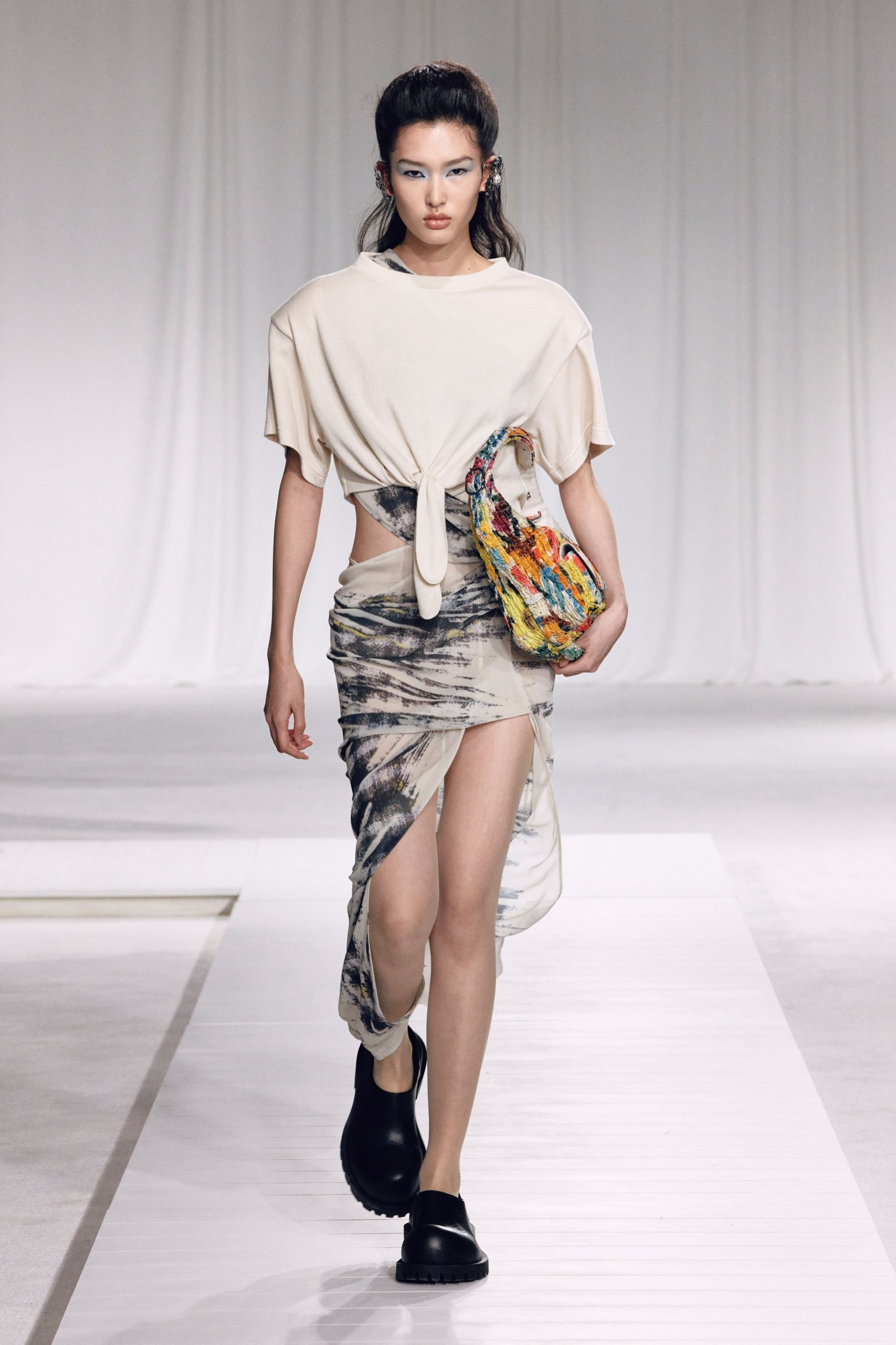 multi silk slit fitted high-waisted draped midi skirt