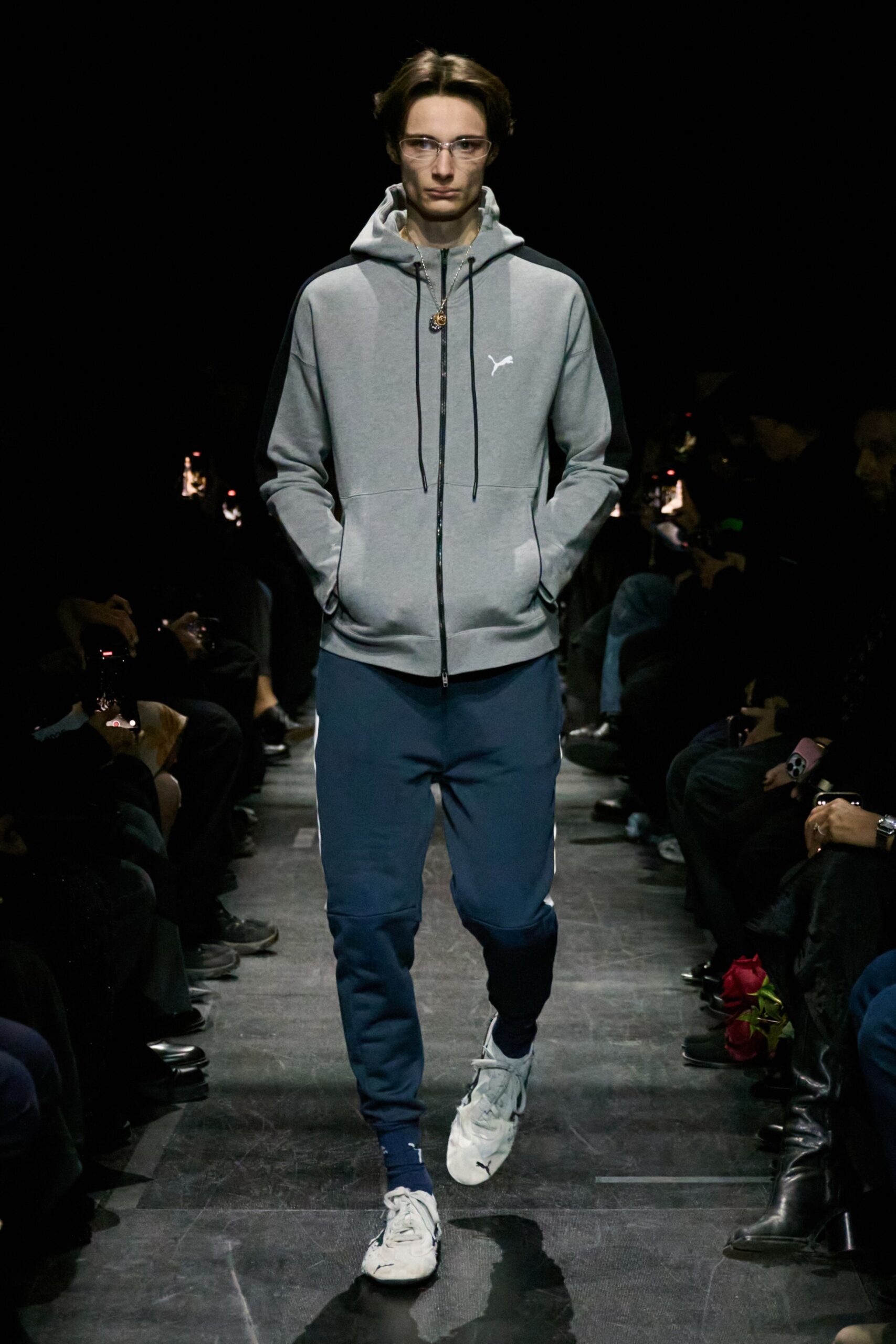 gray hoodie blue pants