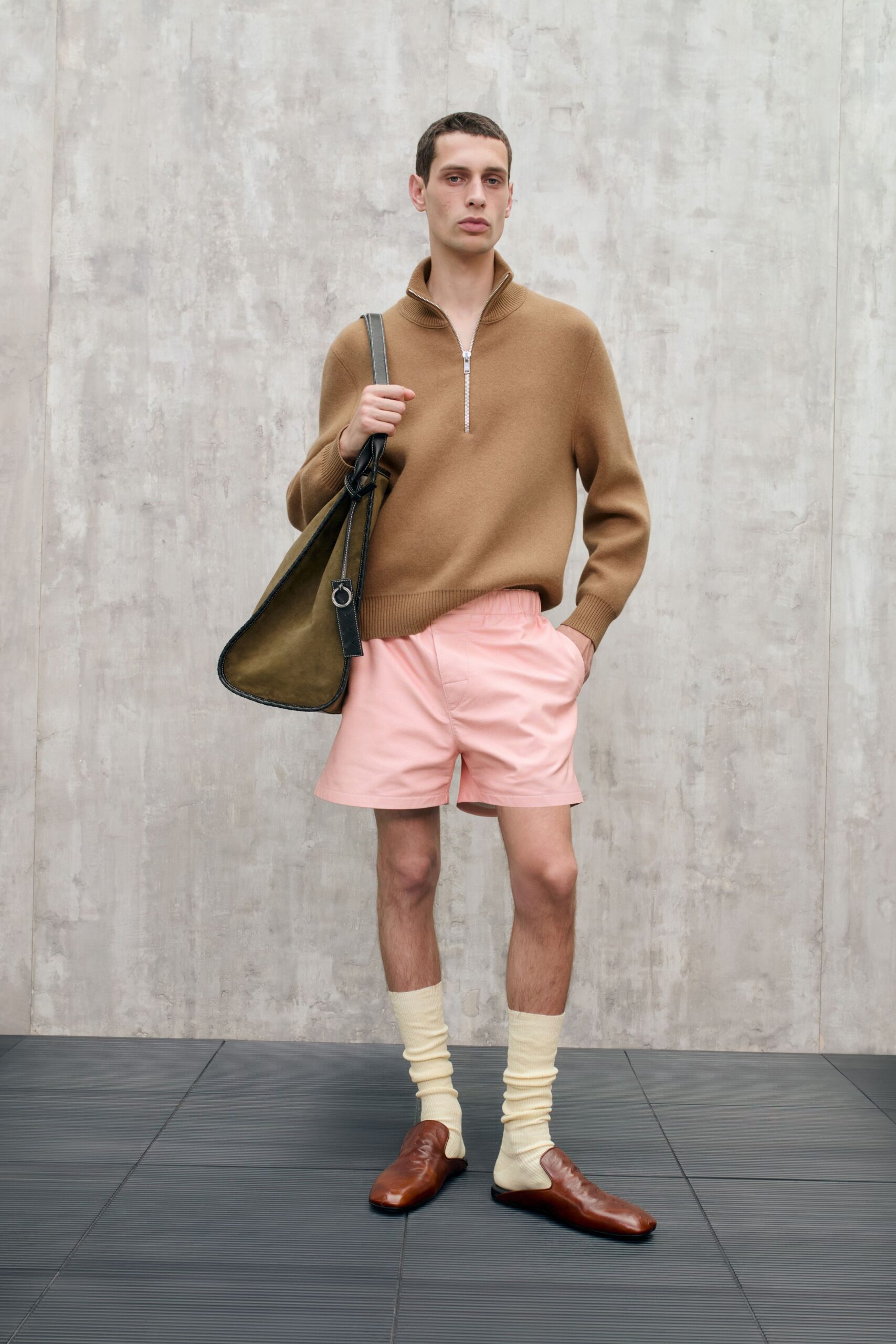 brown wool sweater with pink shorts