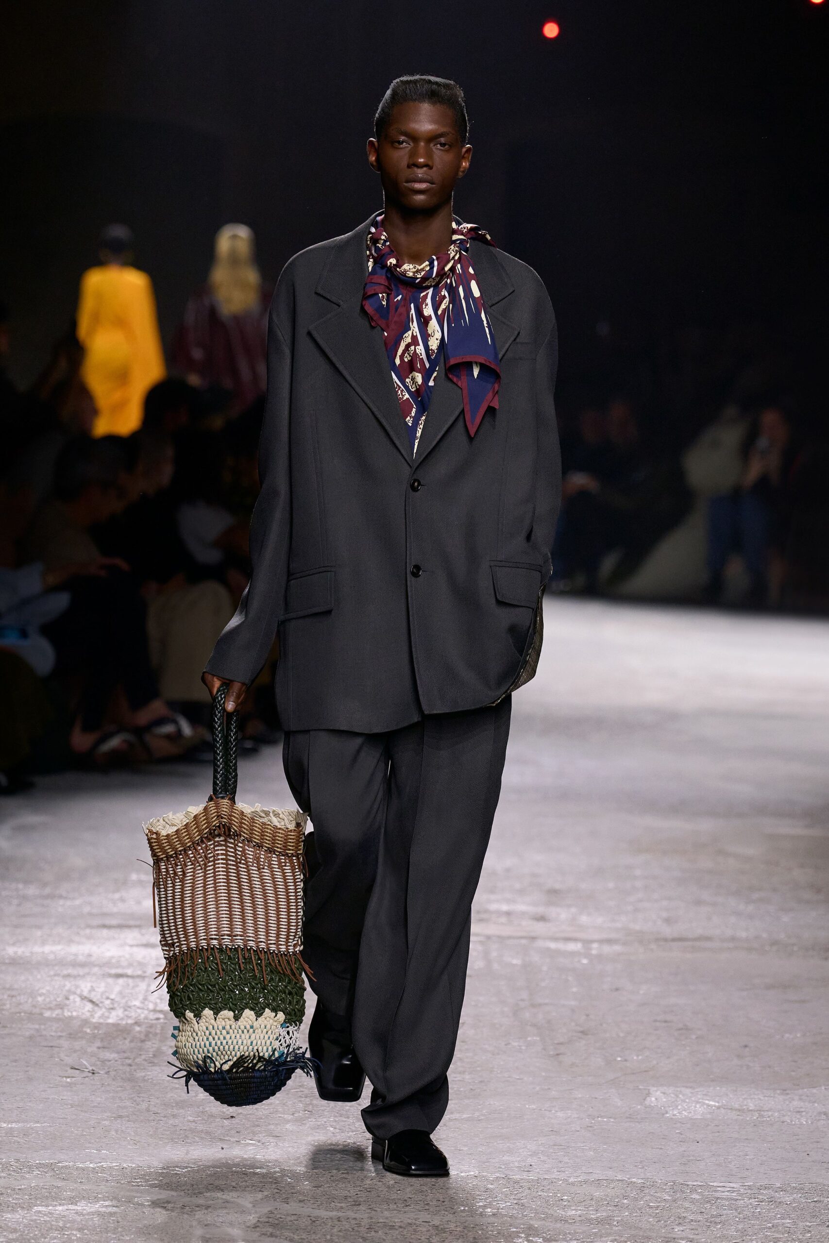 gray relaxed suit with multi bag