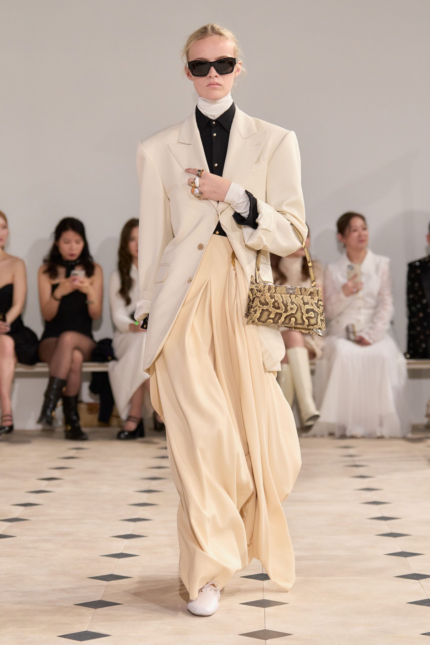 cream blazer with wide-leg pants