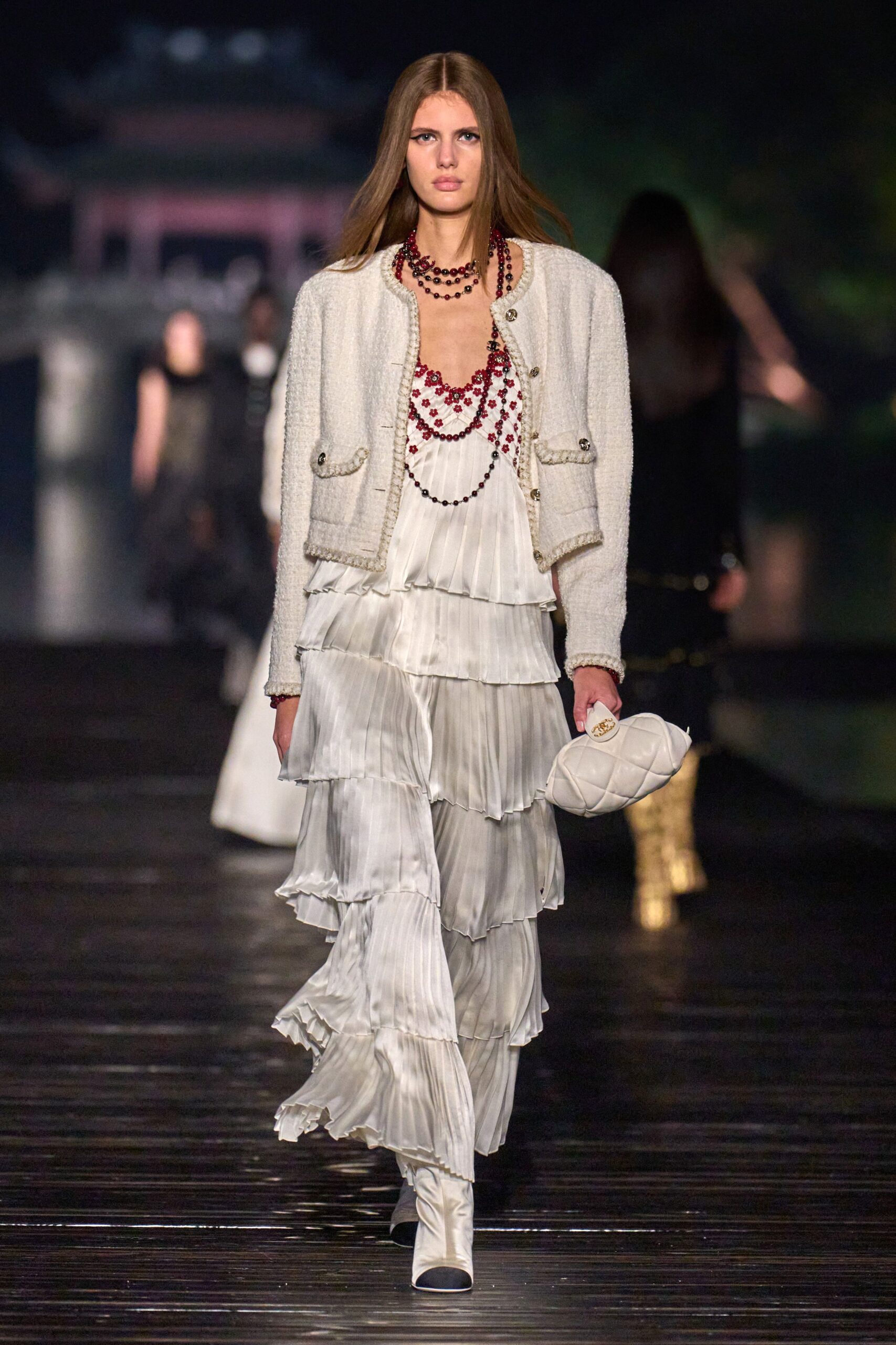 white tiered dress with jacket