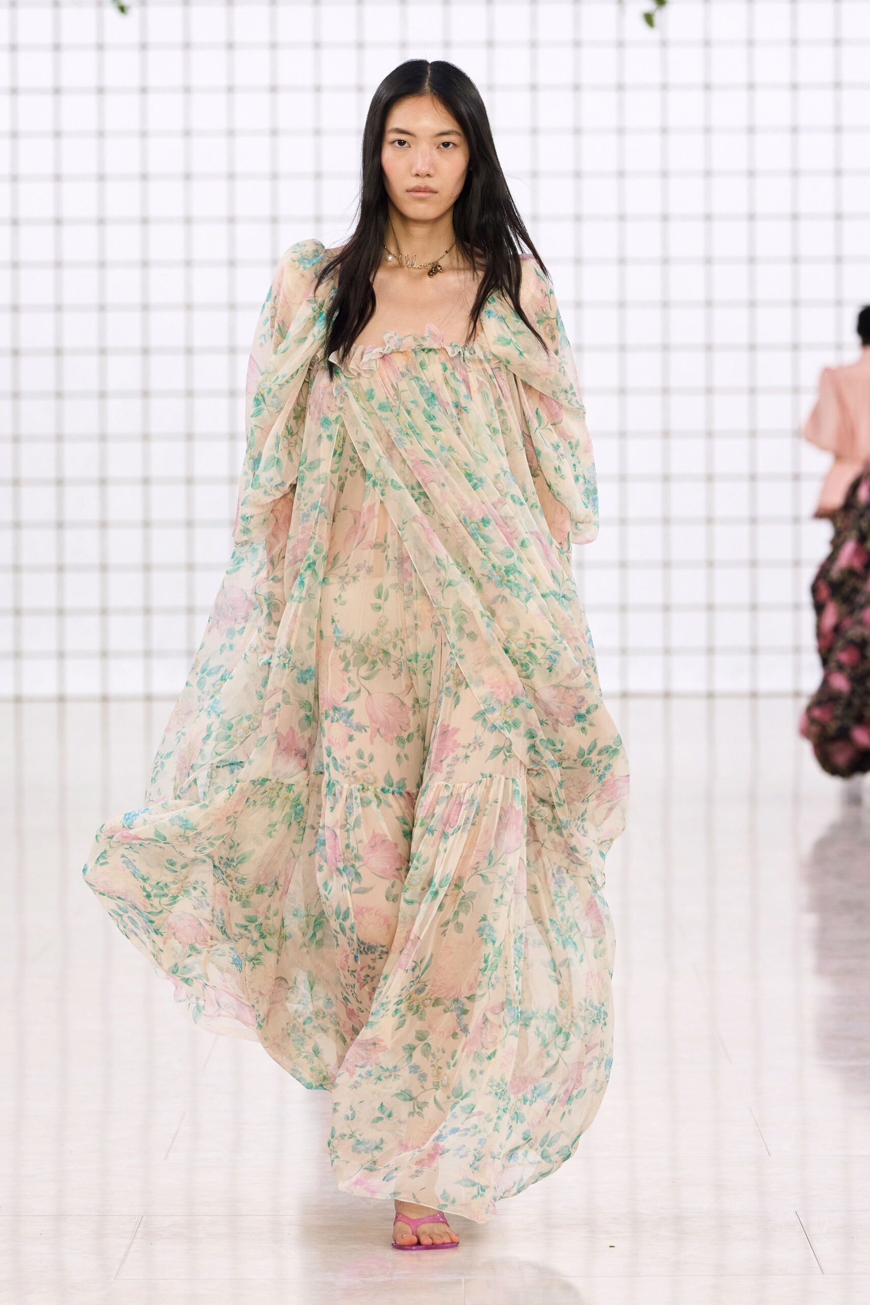 pink floral maxi gown with pink shoes