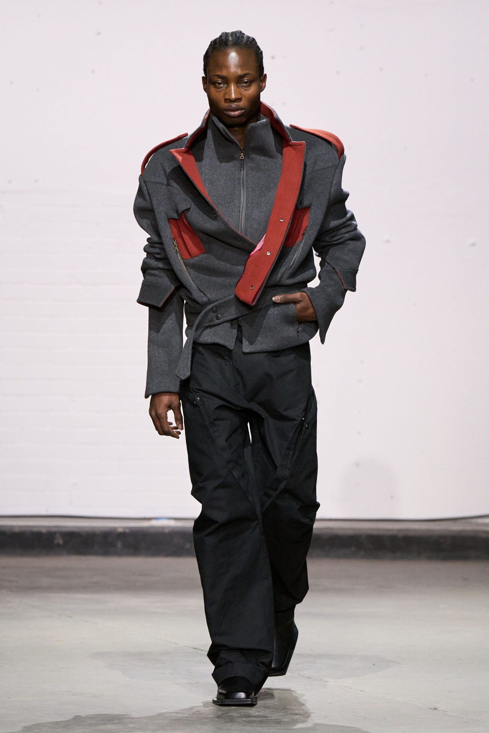 gray cotton long-sleeve collared structured zippered jacket