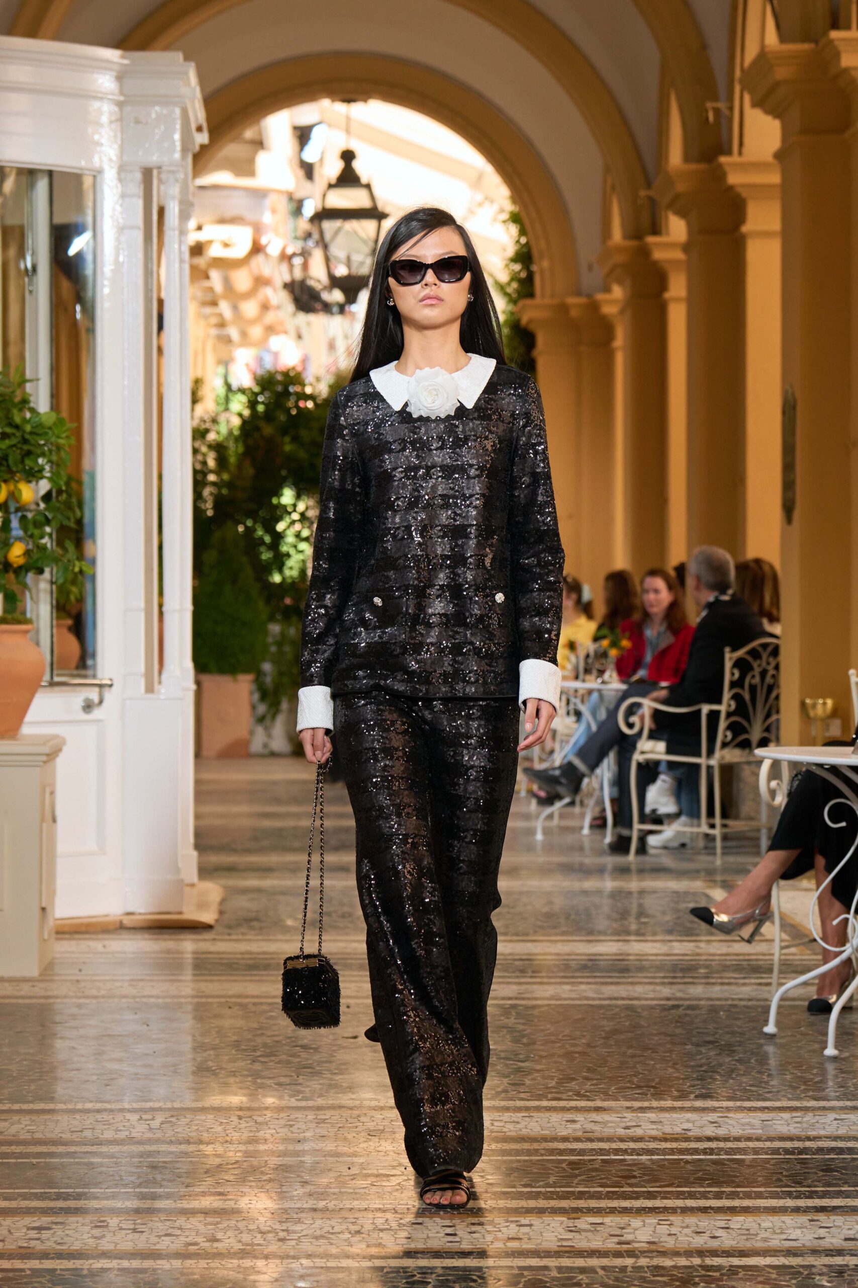 black sequin long-sleeve relaxed sequined straight-leg pants