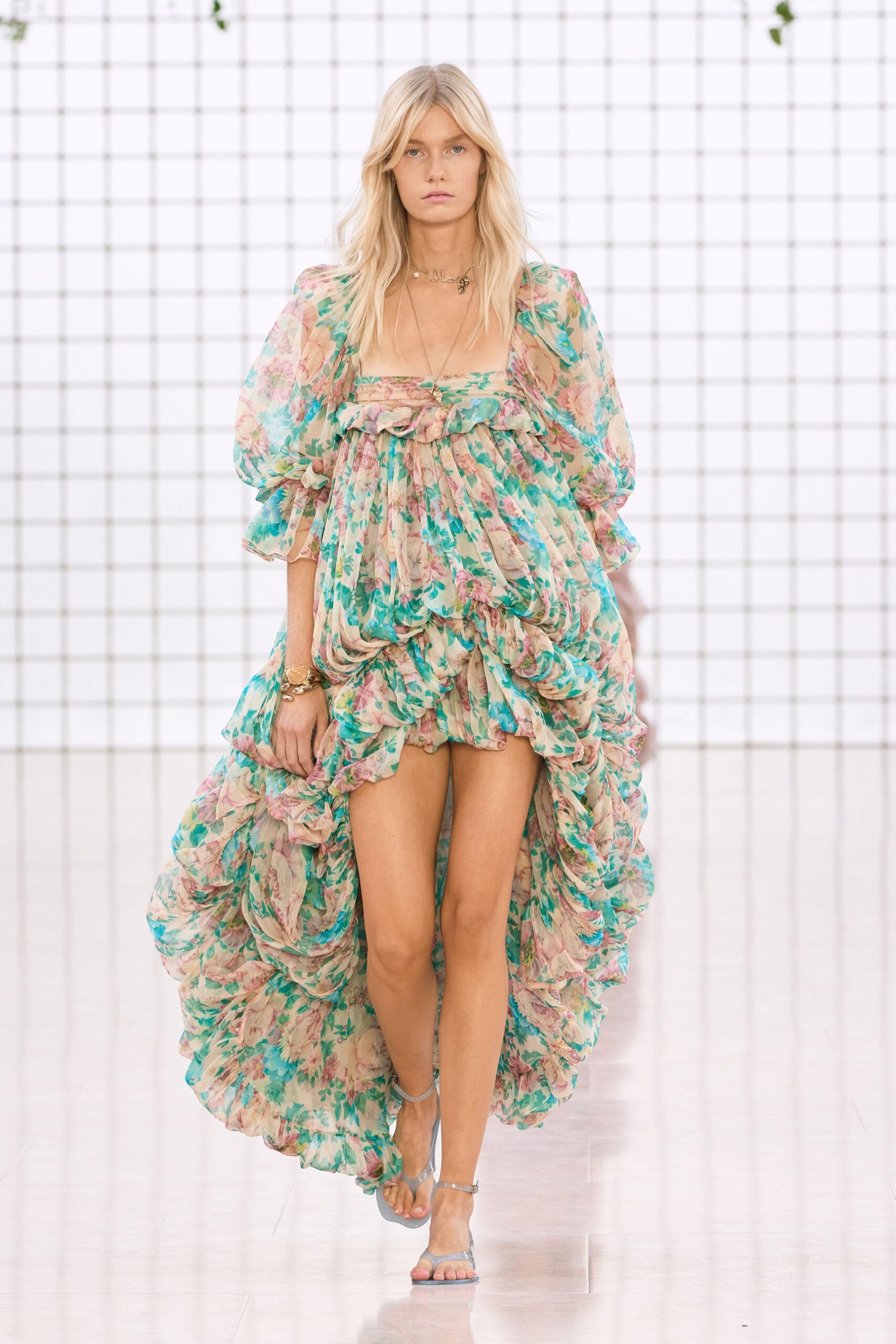 green silk sleeveless square-neck relaxed ruffled tiered dress