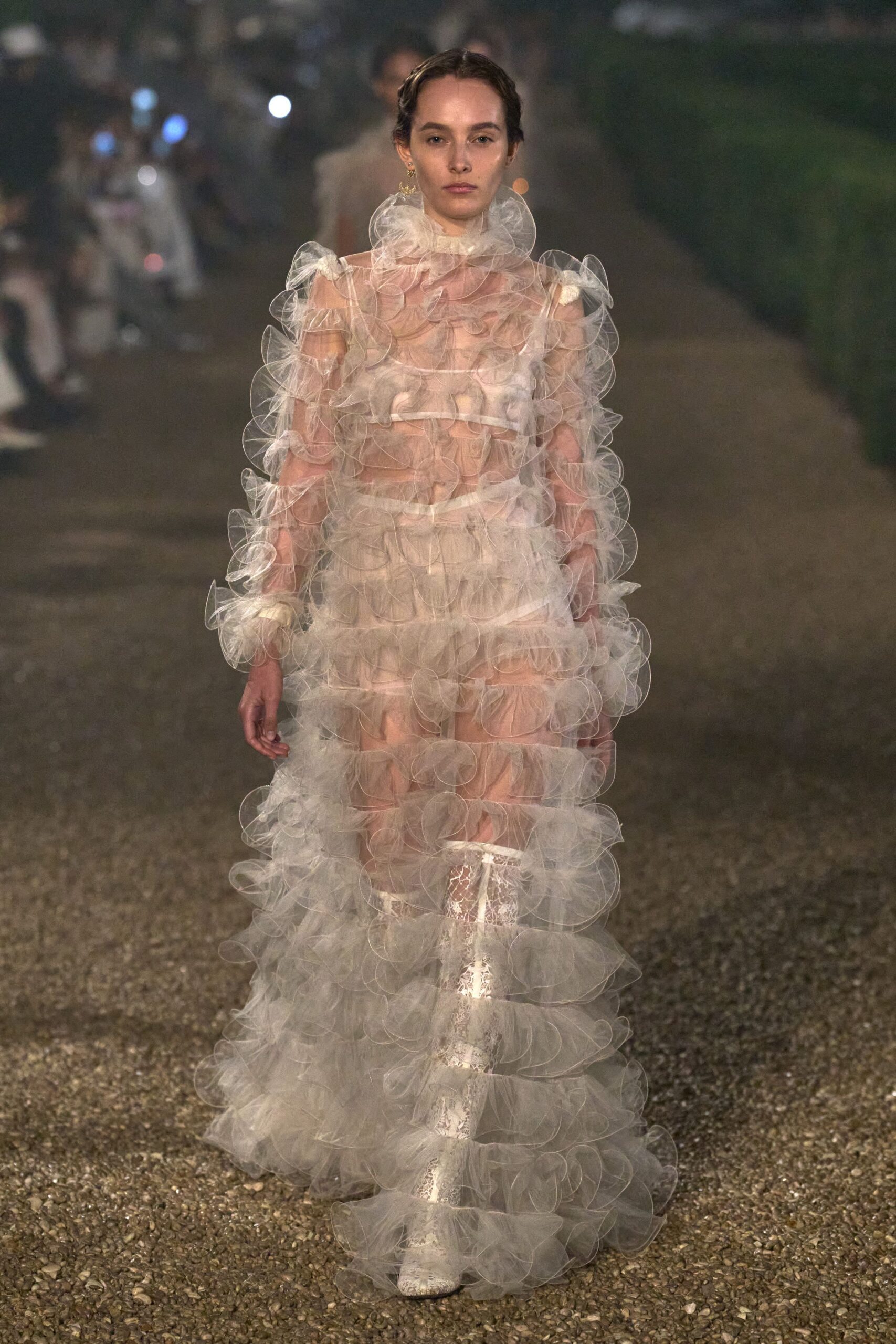 white tulle long-sleeve fitted ruffled layered sheer gown
