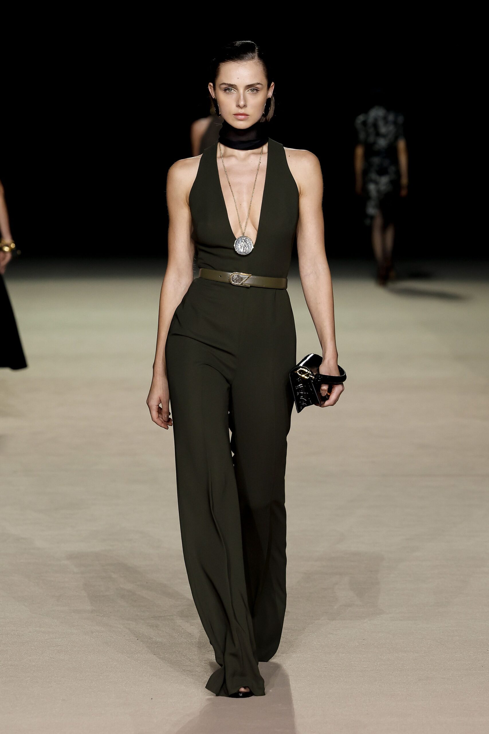 green jersey sleeveless v-neck fitted wide-leg jumpsuit
