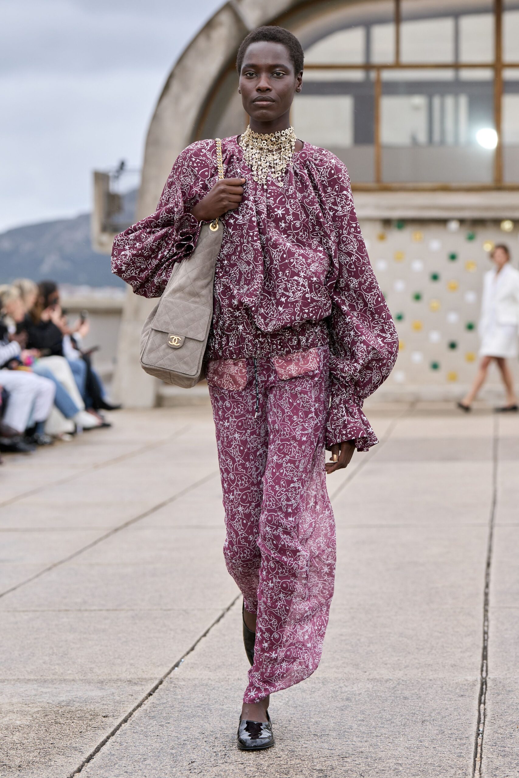 purple silk relaxed flared pants