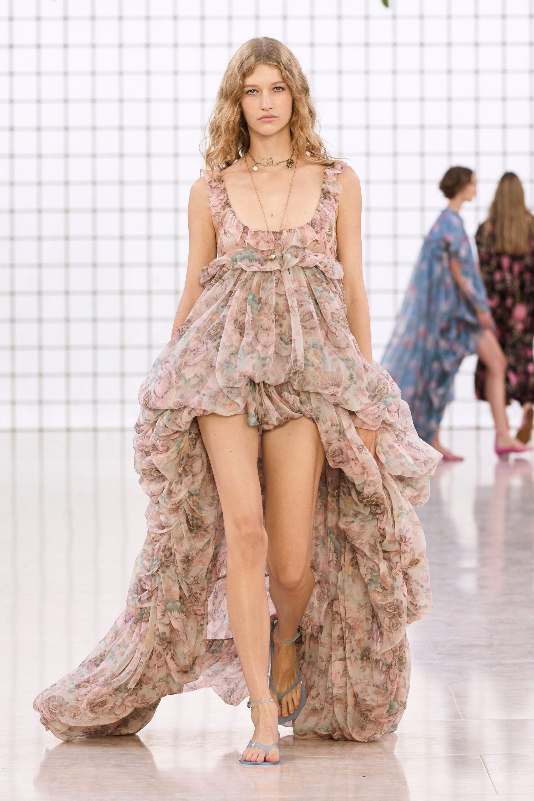 pink chiffon sleeveless v-neck relaxed floral ruffled dress