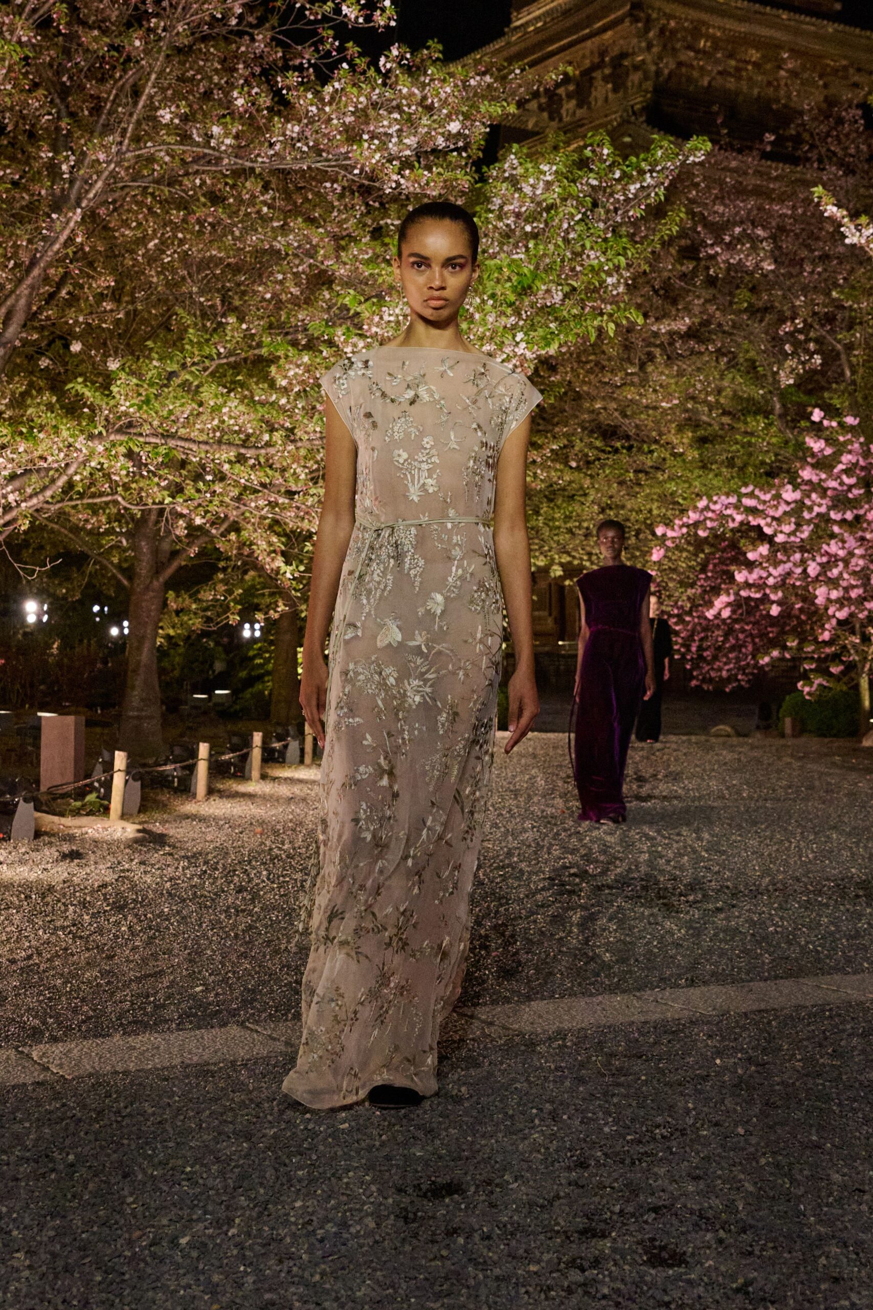 beige silk embroidered gown