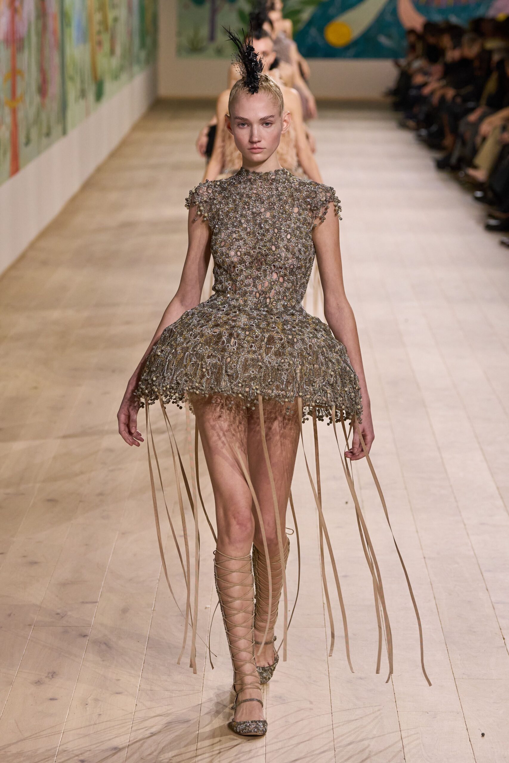gold silk sleeveless high-neck fitted embroidered tiered dress