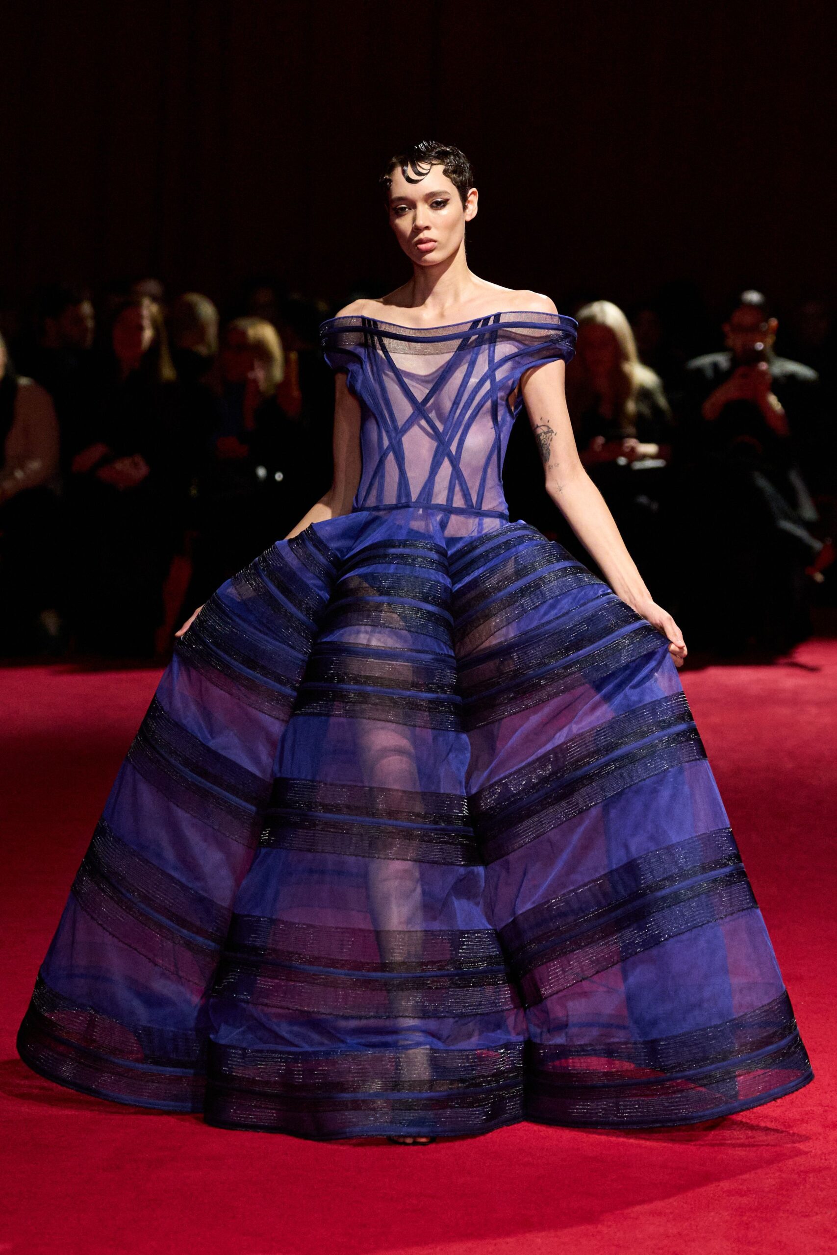 blue black sheer off-shoulder gown