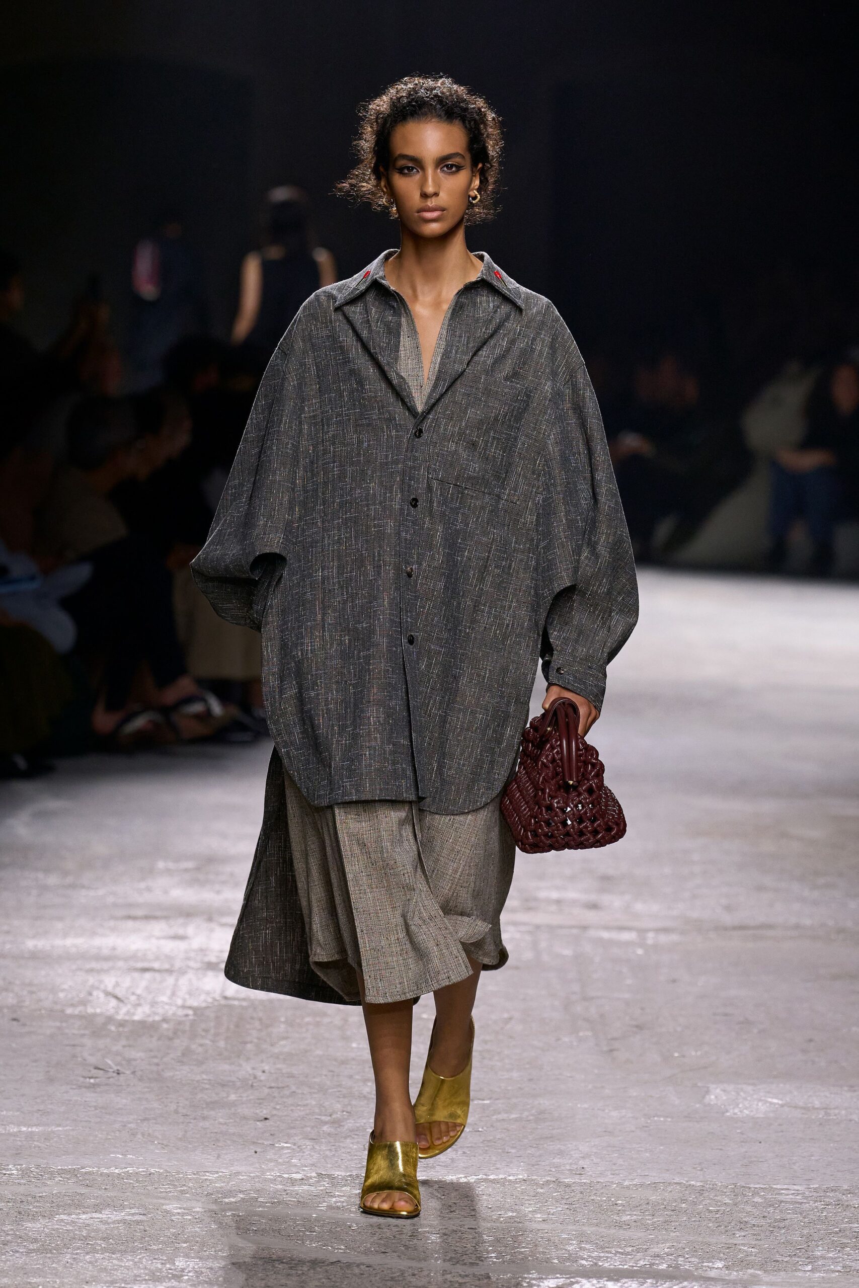oversized gray shirt with pleated skirt