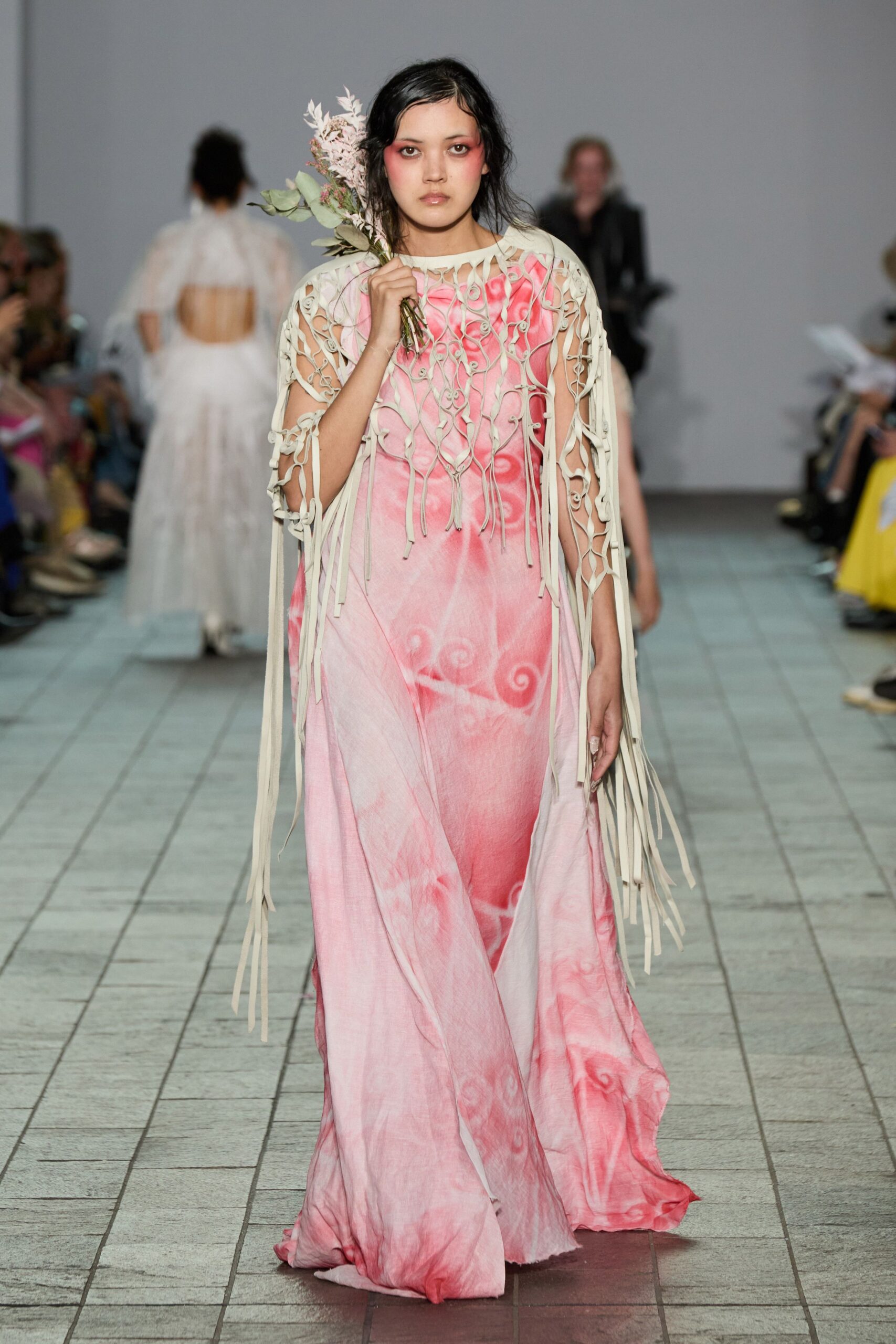 white silk sleeveless relaxed fringed cape