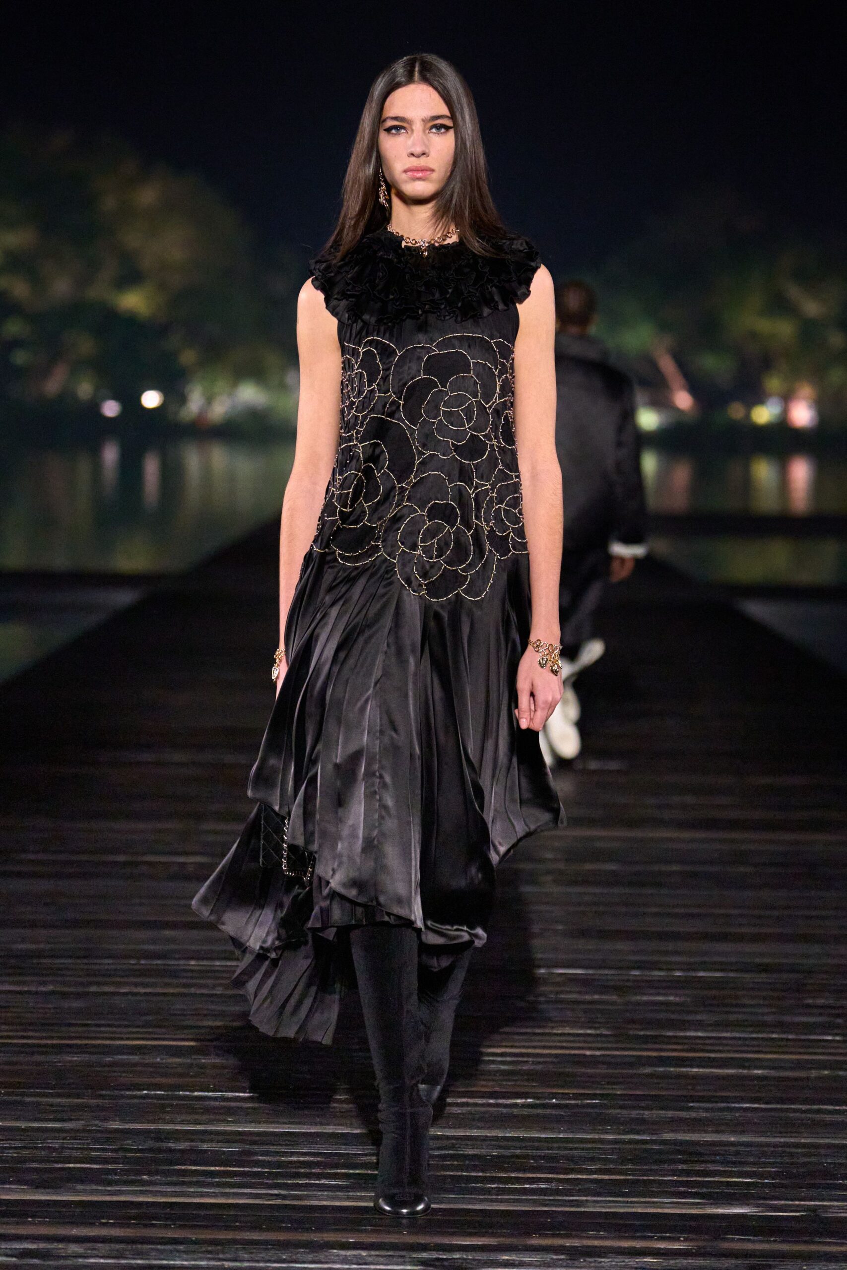 black embroidered midi dress with boots