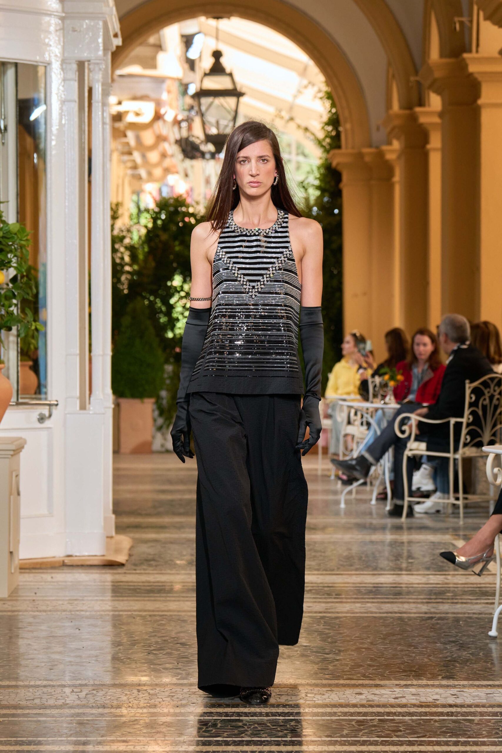black sequin sleeveless high-neck fitted striped embellished top