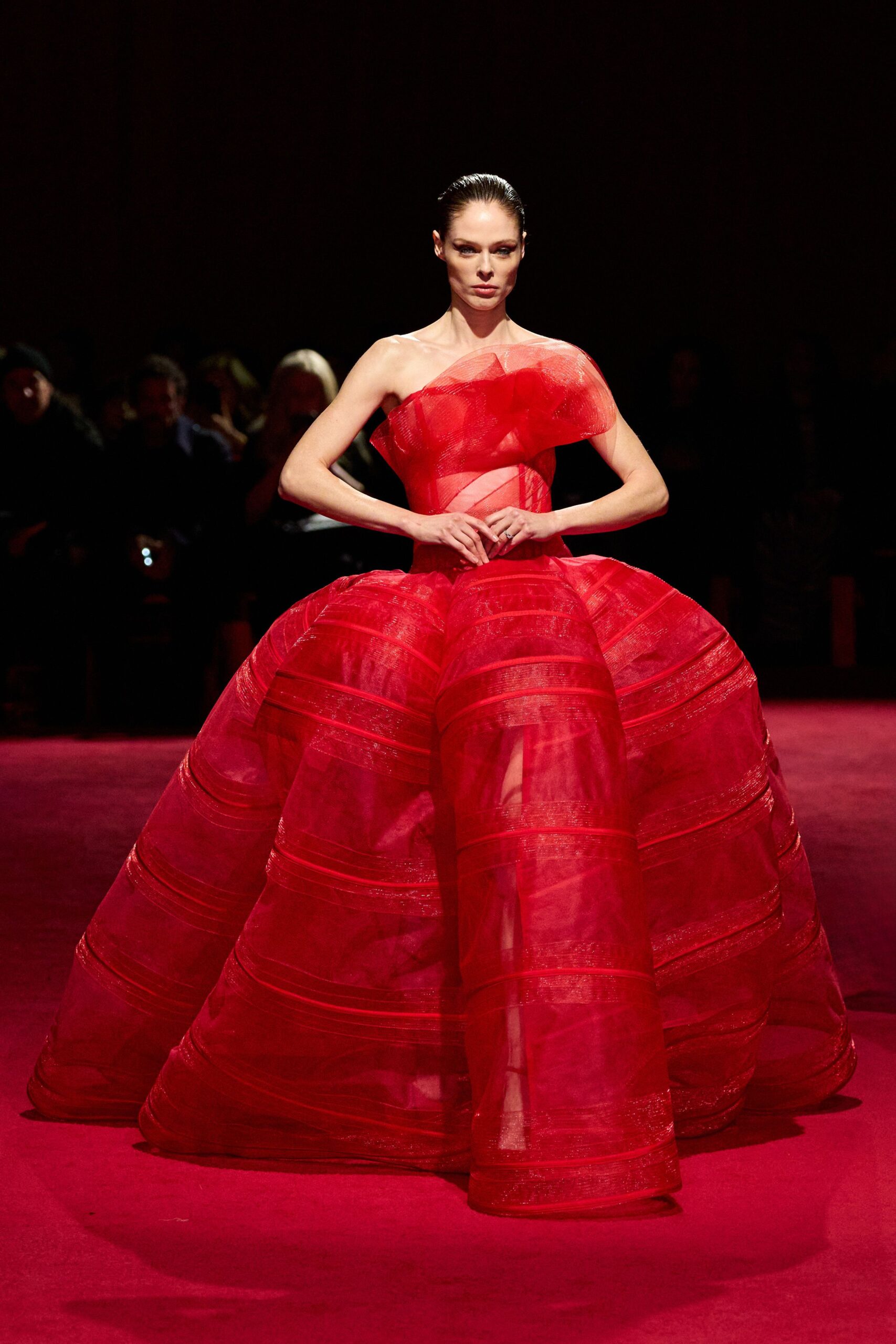red tulle off-shoulder gown