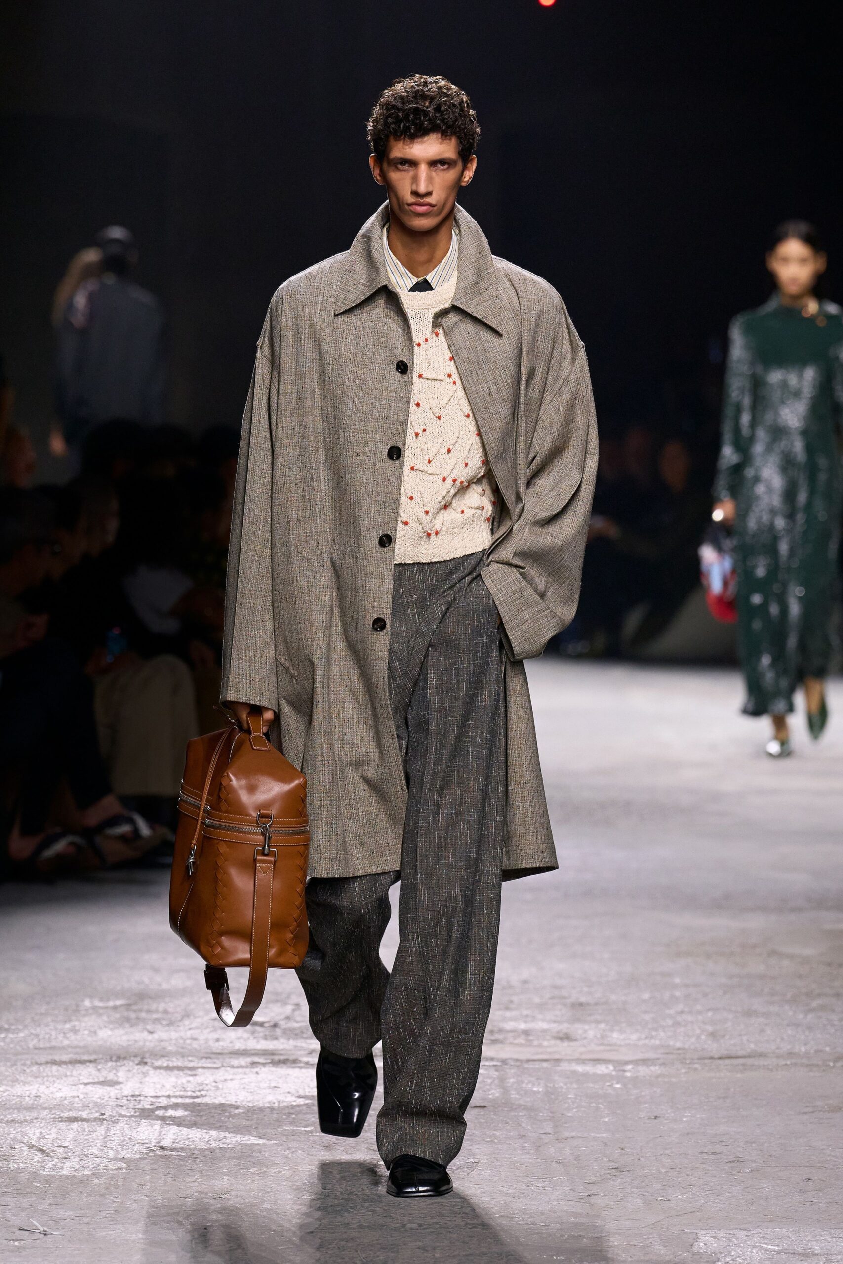 gray wool coat with beige shirt