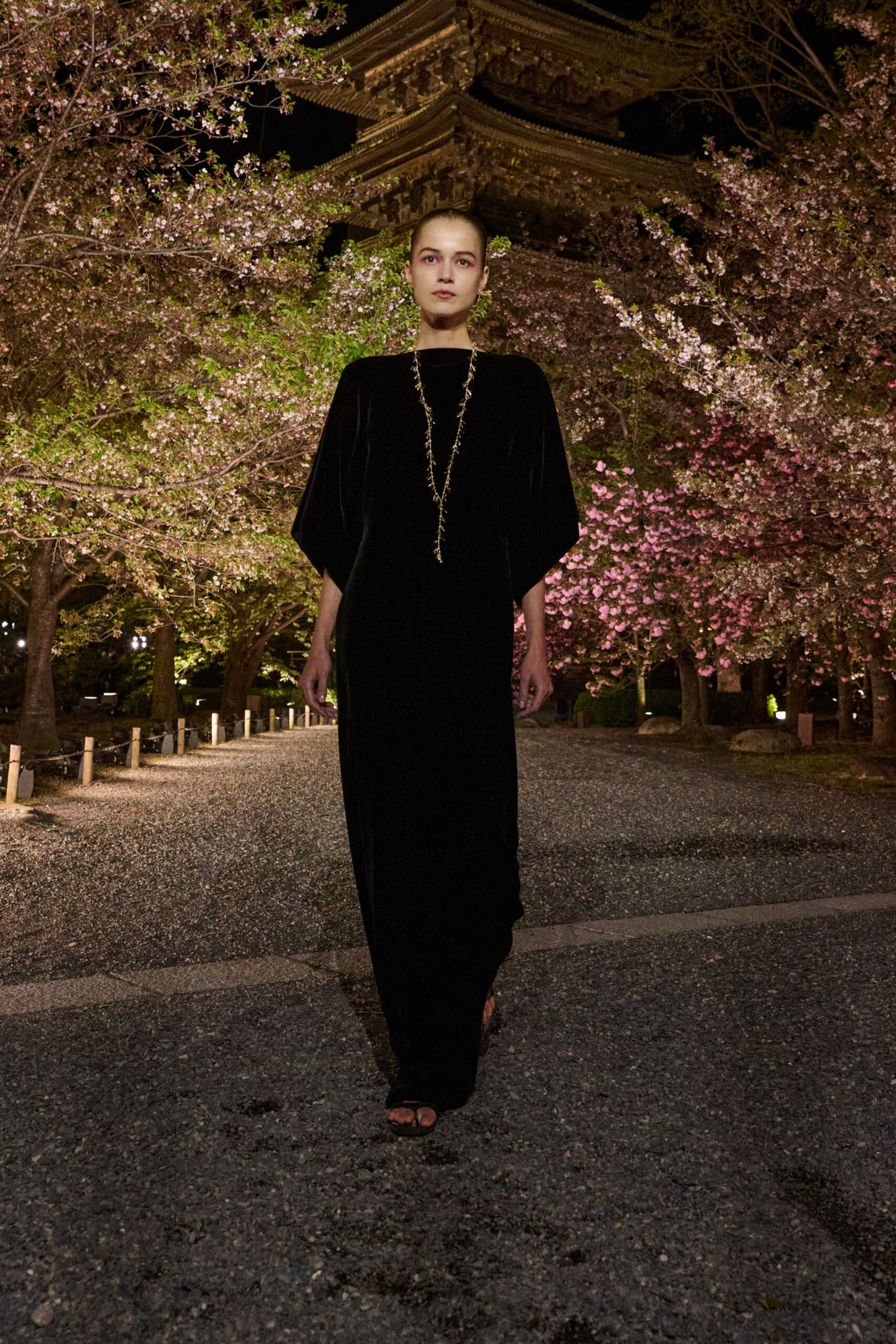 black velvet long-sleeve high-neck fitted draped maxi gown