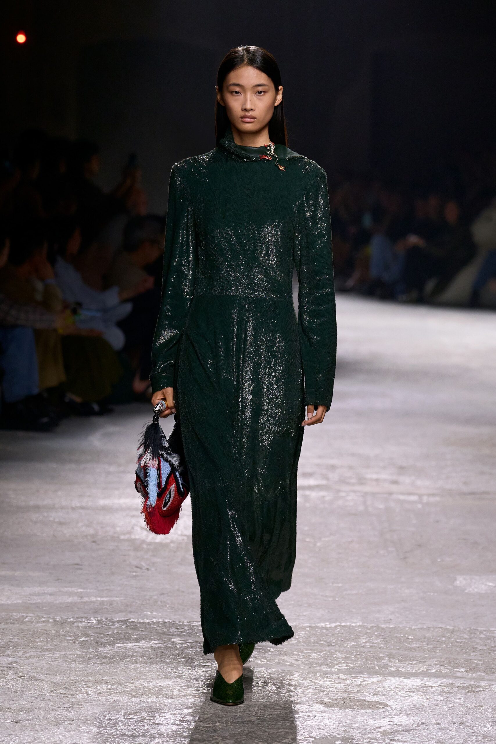 green silk long-sleeve high-neck fitted textured shiny dress