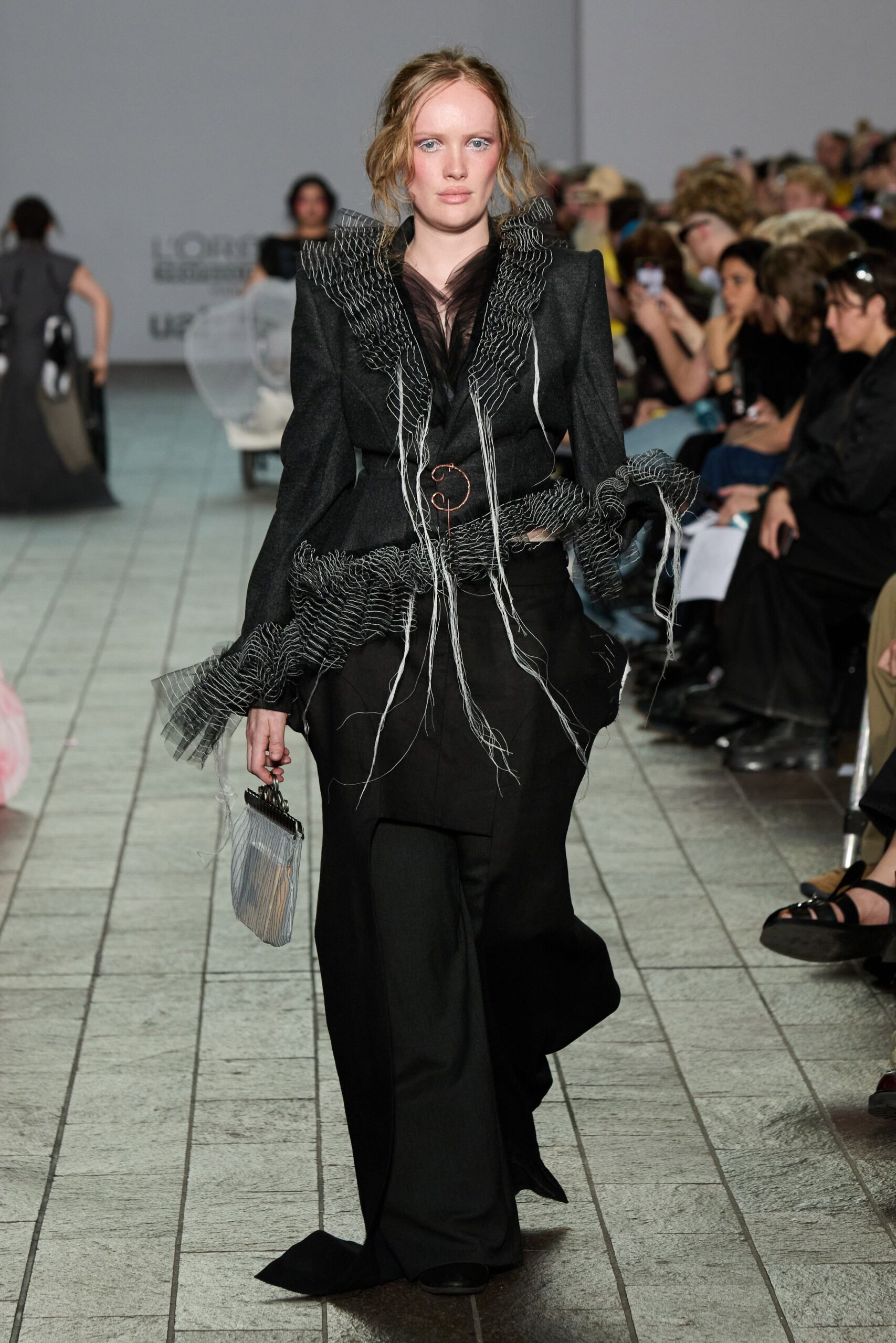black cotton long-sleeve collared structured fringed blazer